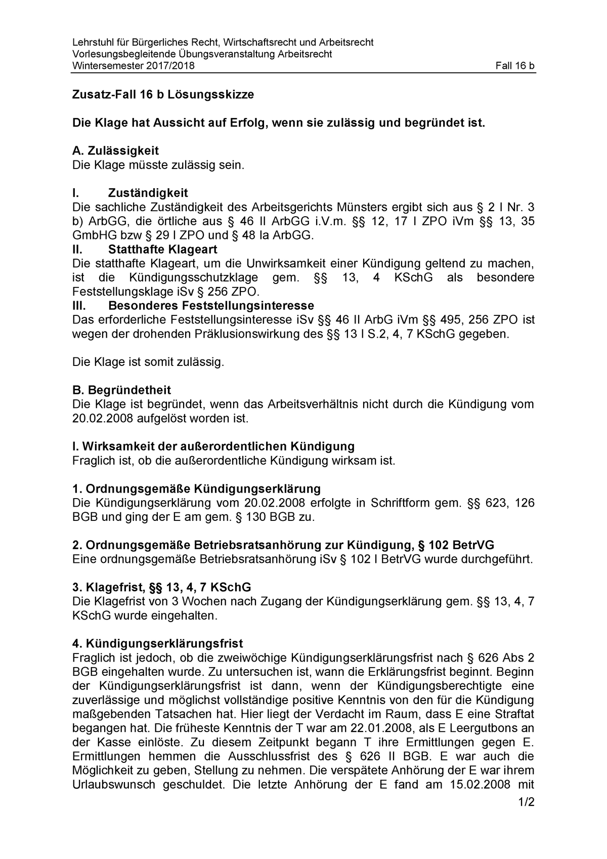 Übung Arbeitsrecht Lösung Fall 16 B - Lehrstuhl Für Bürgerliches Recht ...