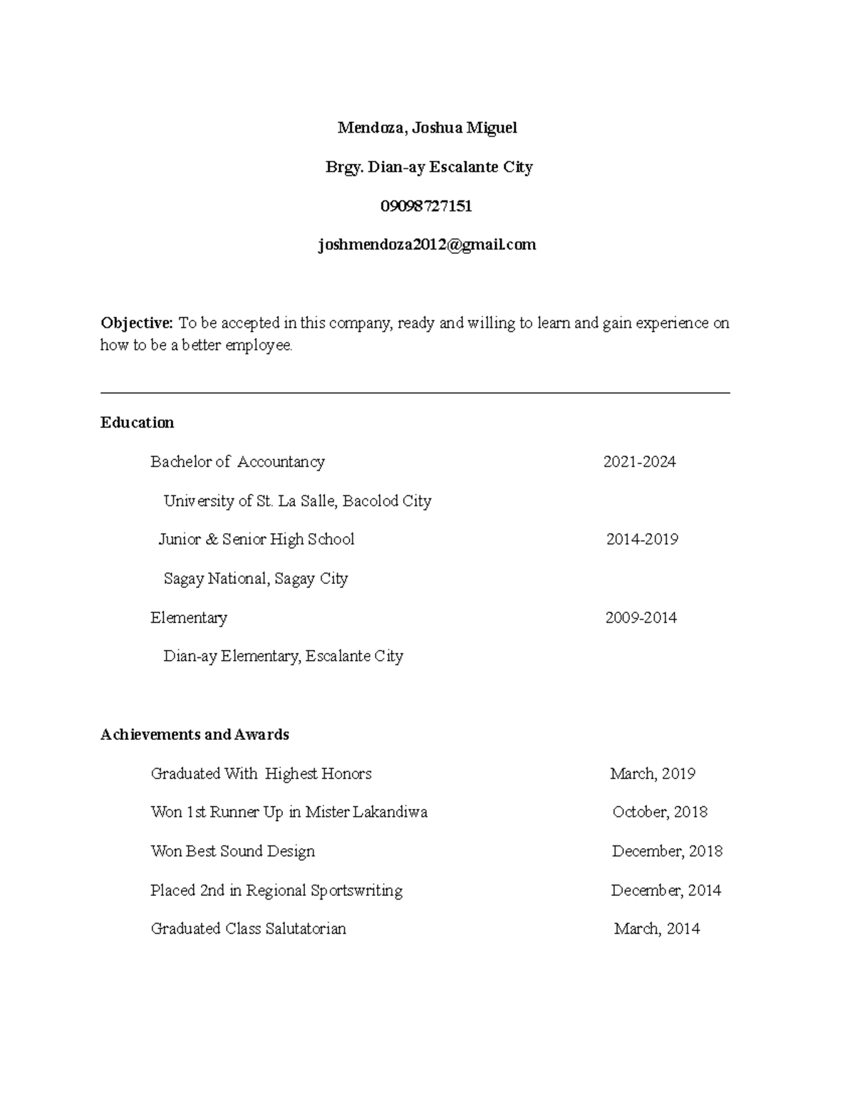 Resume FOR PURPOSIVE COMMUNICATION FIRST YEAR - Mendoza, Joshua Miguel ...