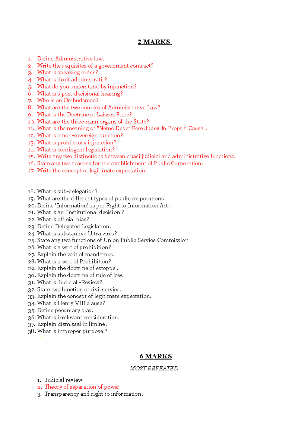 Repeated Questions - Admin - 2 MARKS 1. Define Administrative law. 2 ...