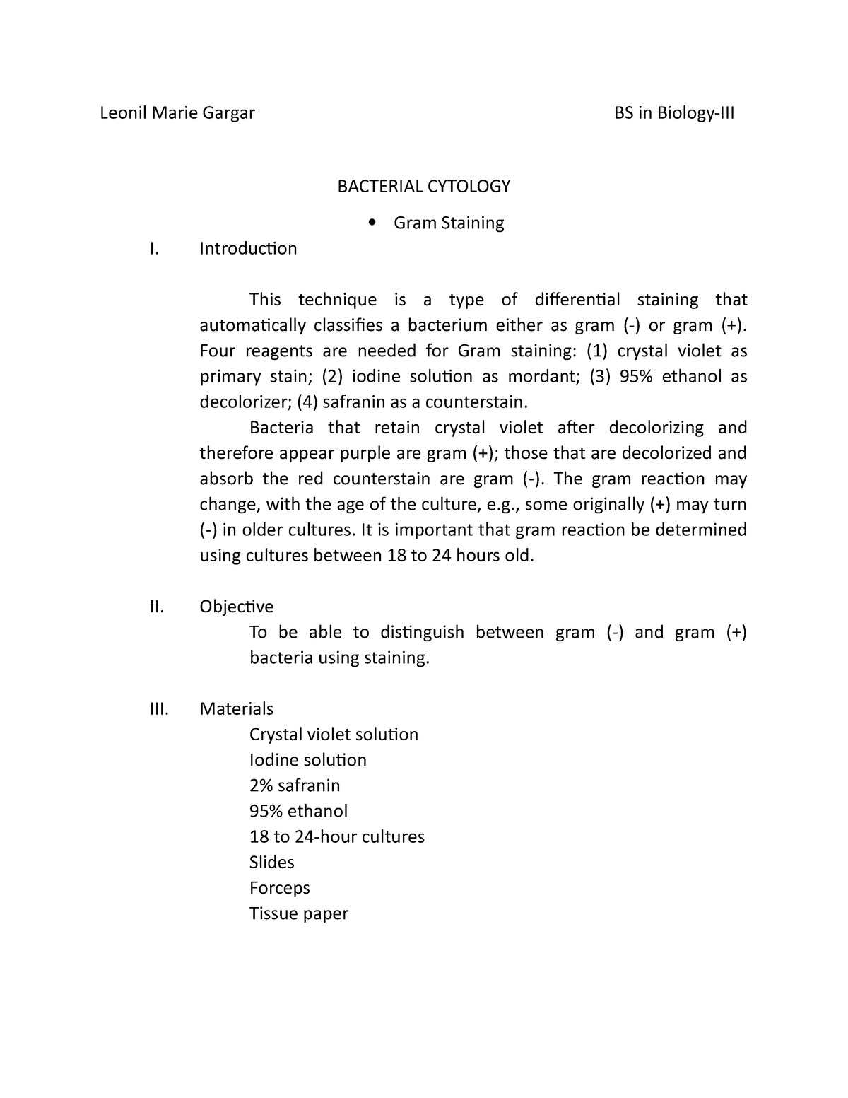 Biology Microbiology Laboratory Exercise Bacterial Cytology GRAM ...