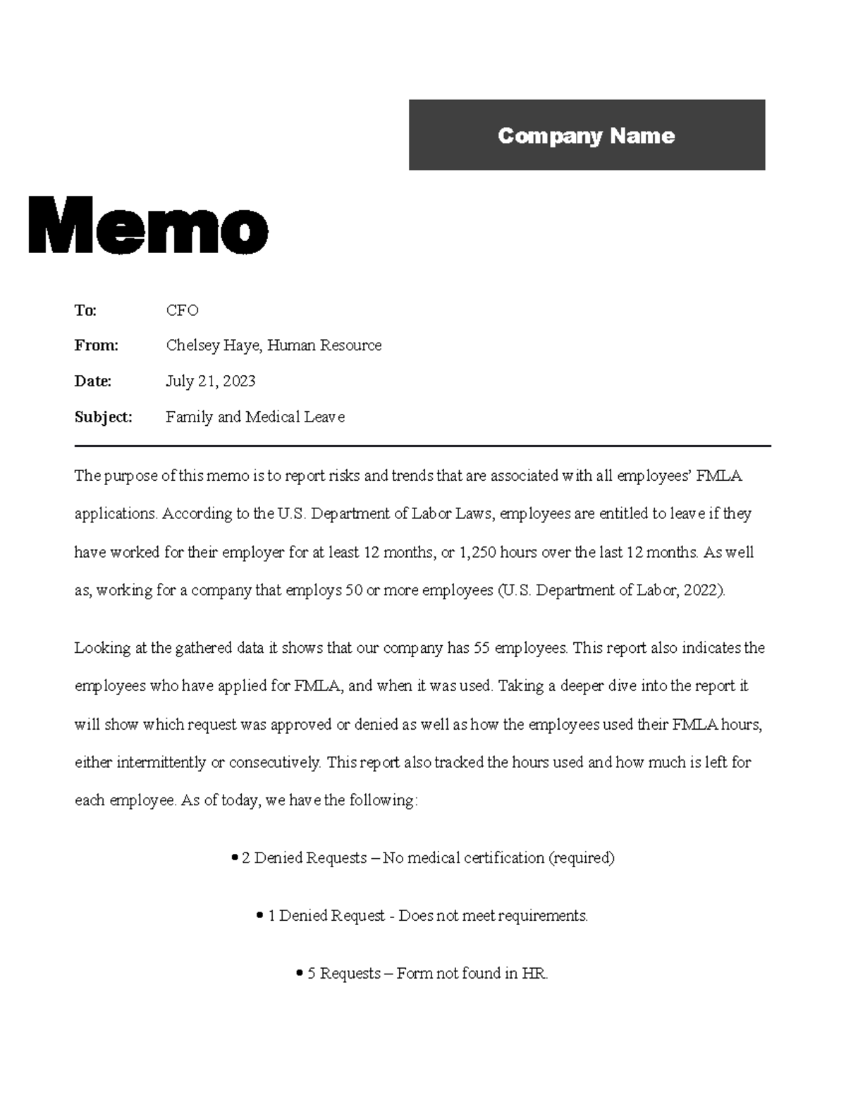 Risk Memo for HRM 225 - .... - Company Name Memo To: CFO From: Chelsey ...