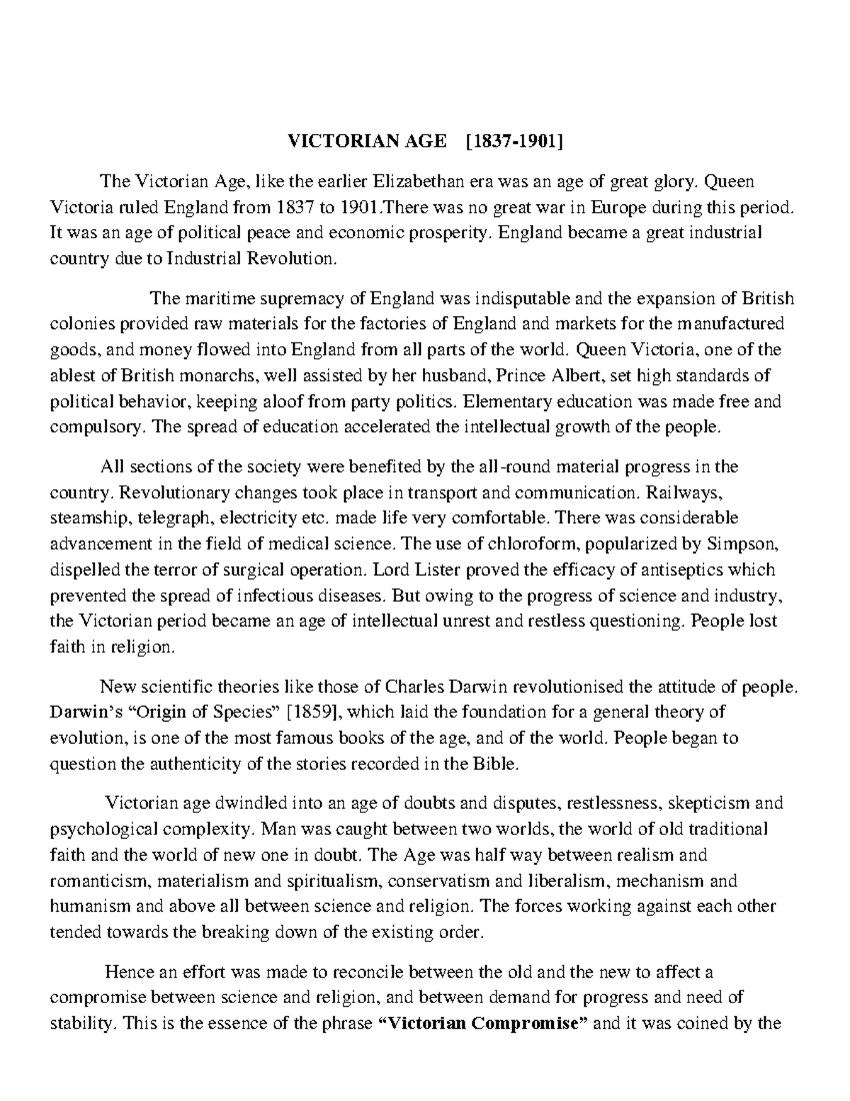 Victorian AGE notes VICTORIAN AGE [18371901] The Victorian Age, like