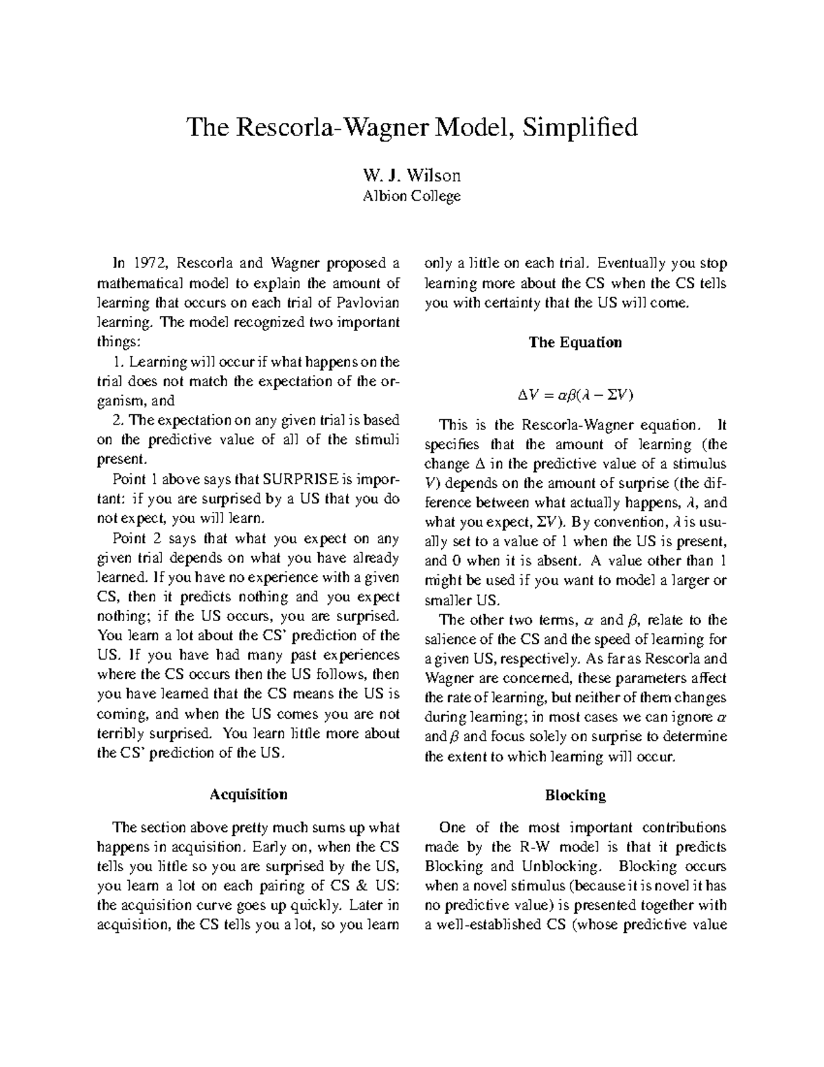Rescorla wagner simple - The Rescorla-Wagner Model, Simplified W. J ...