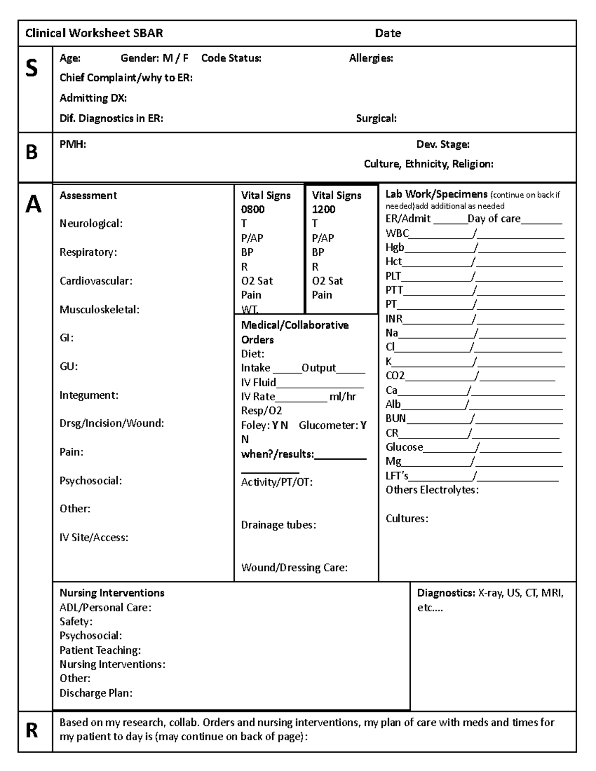 Clinical Worksheet SBAR-1 - S B Assessment Neurological: Respiratory ...