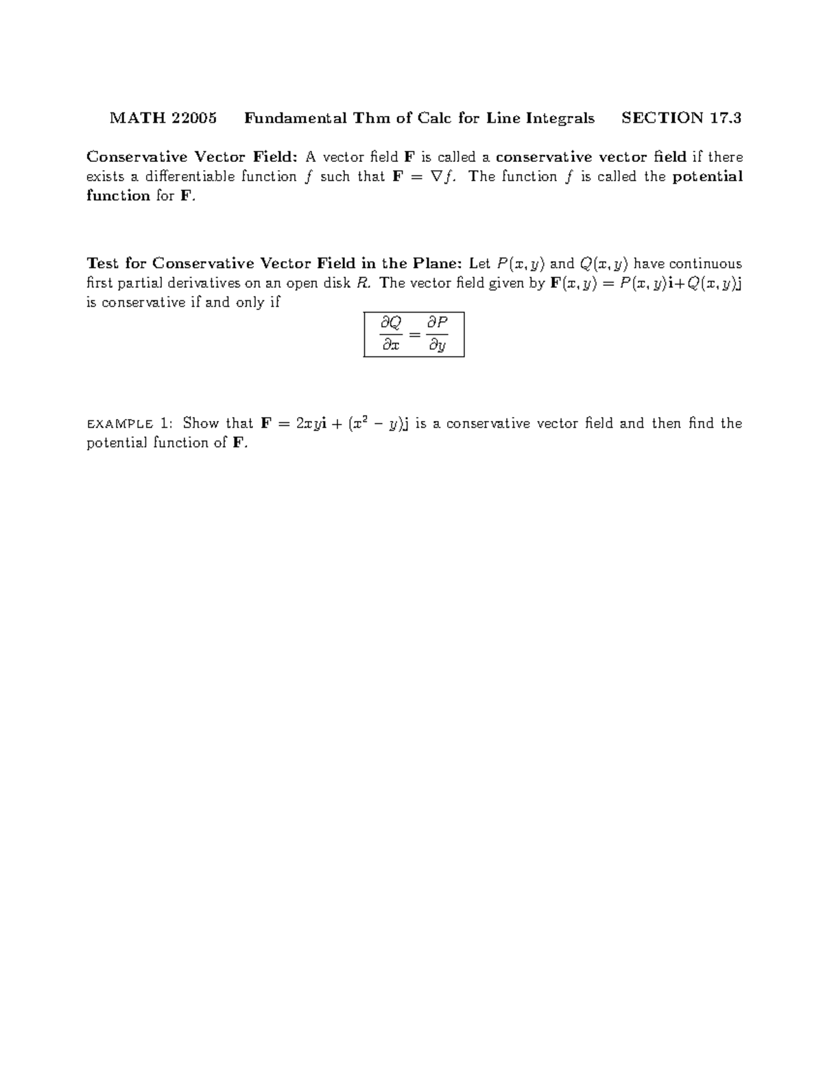 Fundamental Thm Of Calc For Line Integrals Conservative Vector Field A Vector Fieldfis Called Studocu