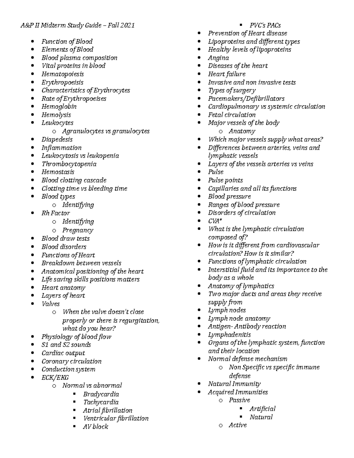 A&P II Midterm Study Guide Updates (Fall 2021) - A&P II Midterm Study ...