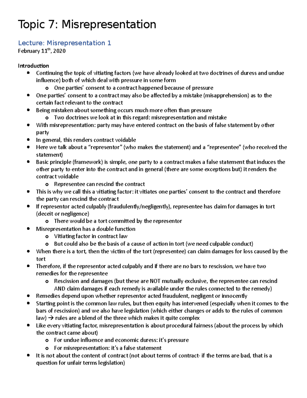 Topic 7- Misrepresentation (Contracts) - Topic 7: Misrepresentation ...