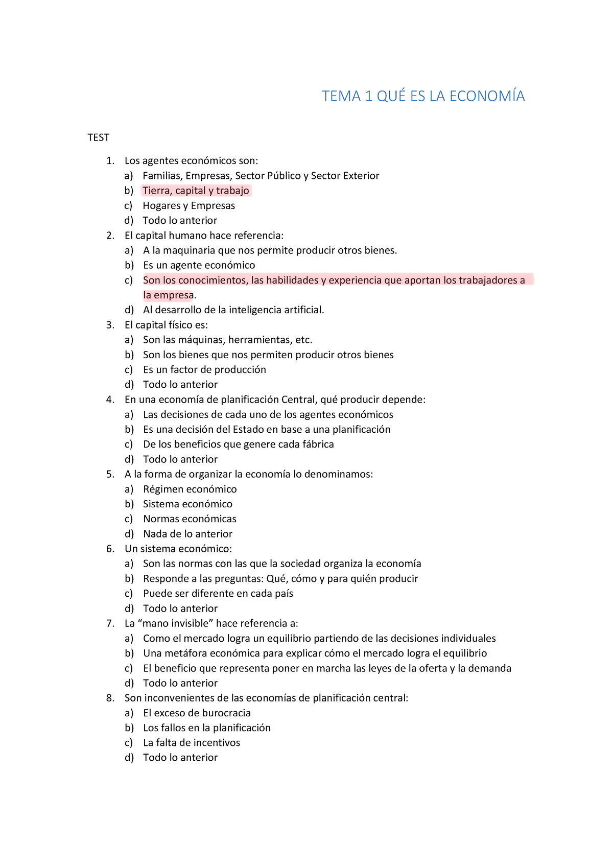 TEMA 1 Que Es La Economía - TEMA 1 QU... ES LA ECONOMÕA TEST Los ...