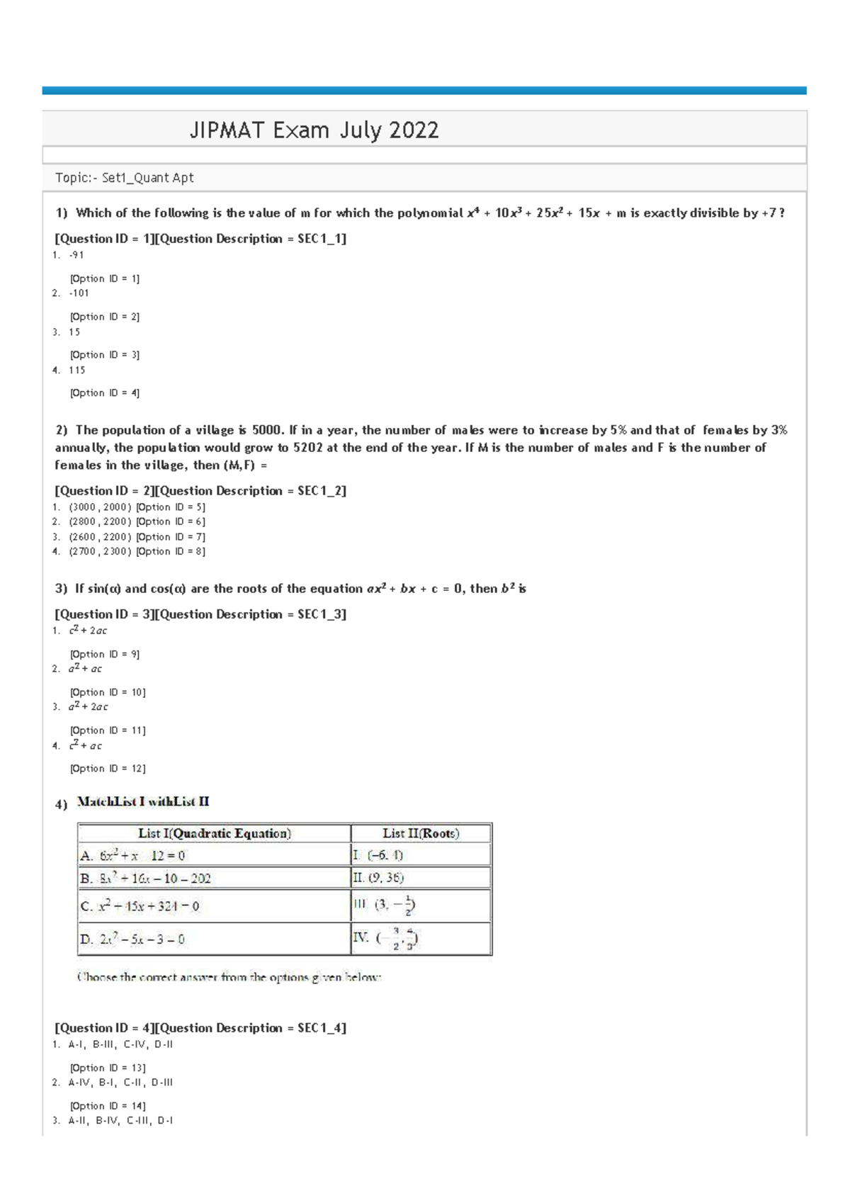 Jipmat Question Paper 2022 - 1) 2) 3) 4) JIPMAT Exam July 2022 Topic ...