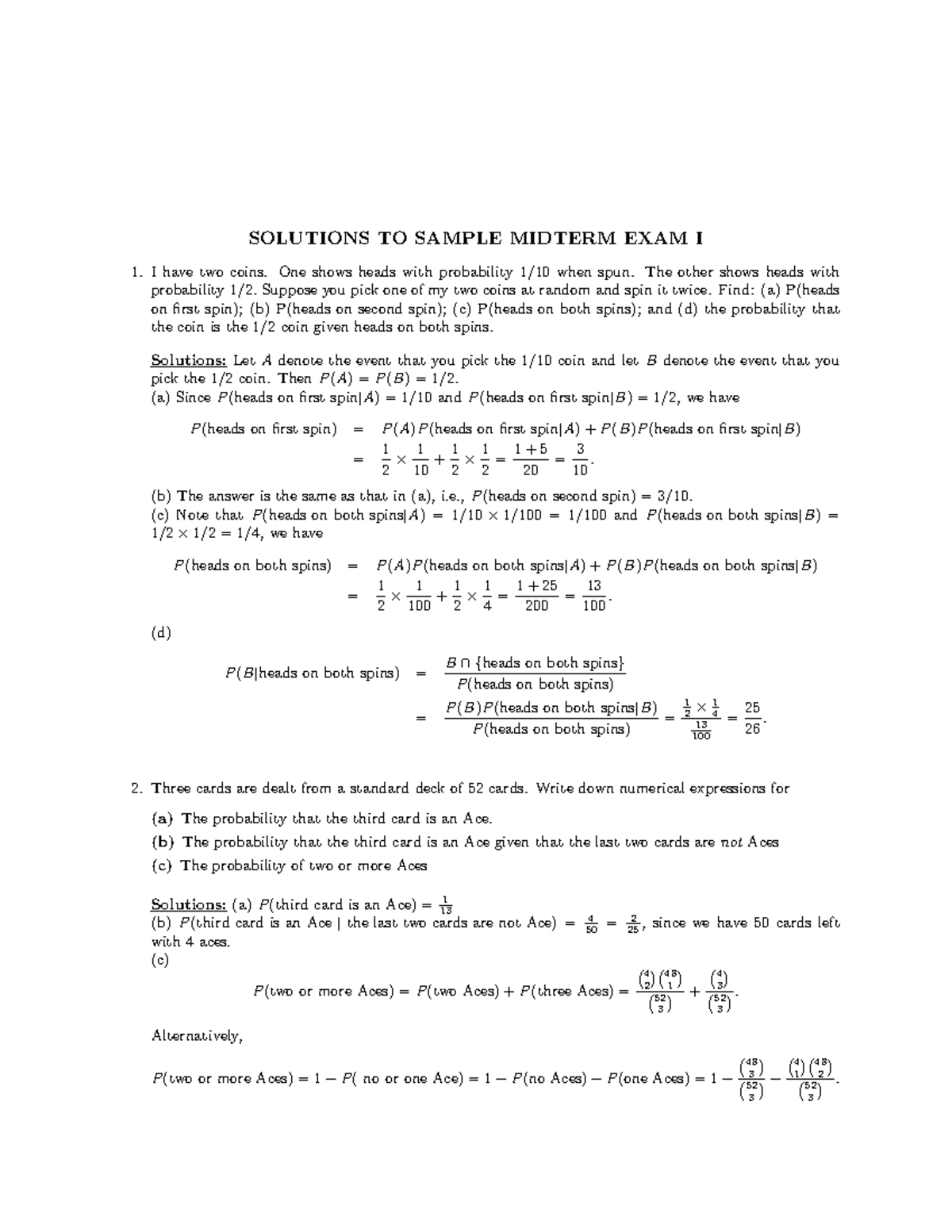 2017-Probability With Applications(ISYE2027) - Sample Test 1 Key ...