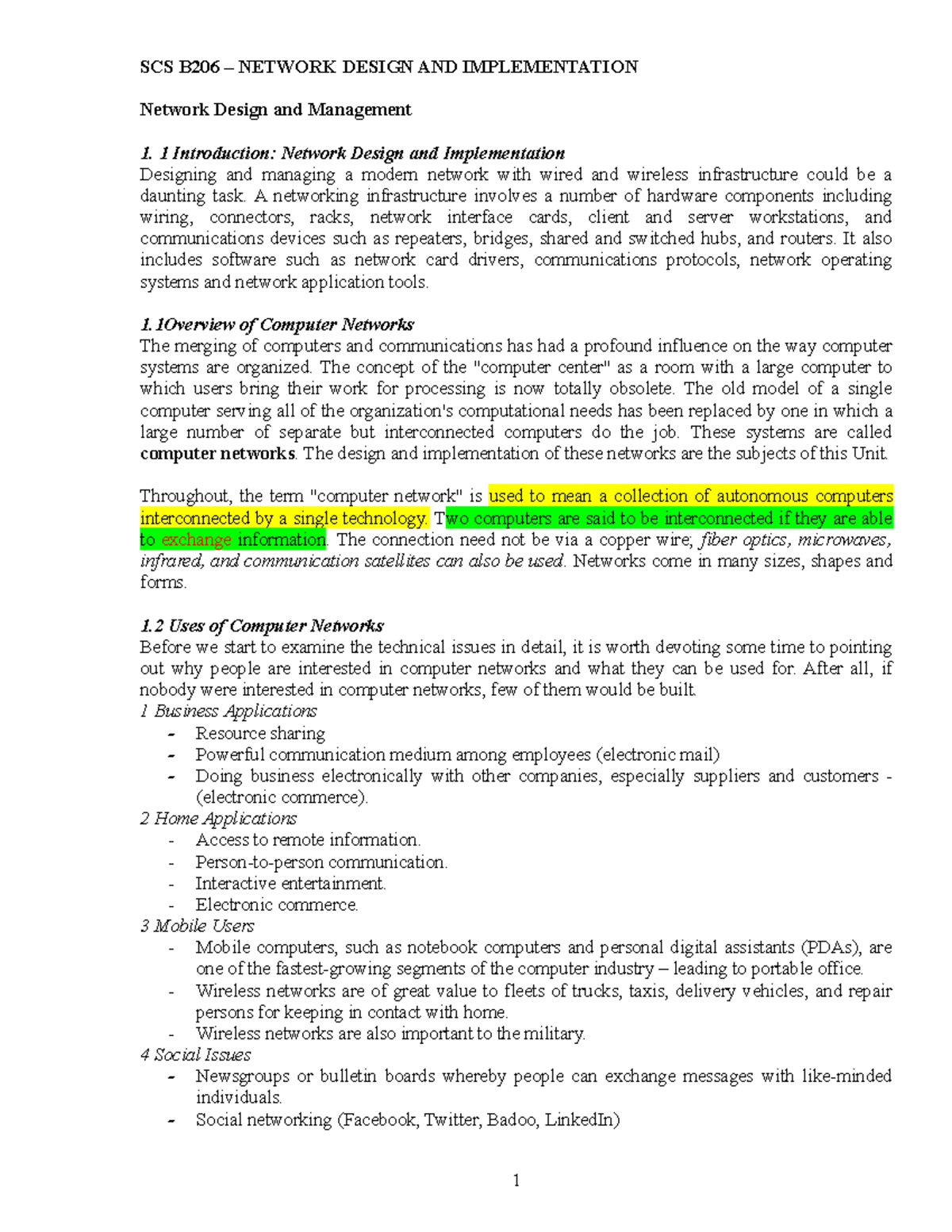 Design and Management1 SCS B206 NETWORK DESIGN AND