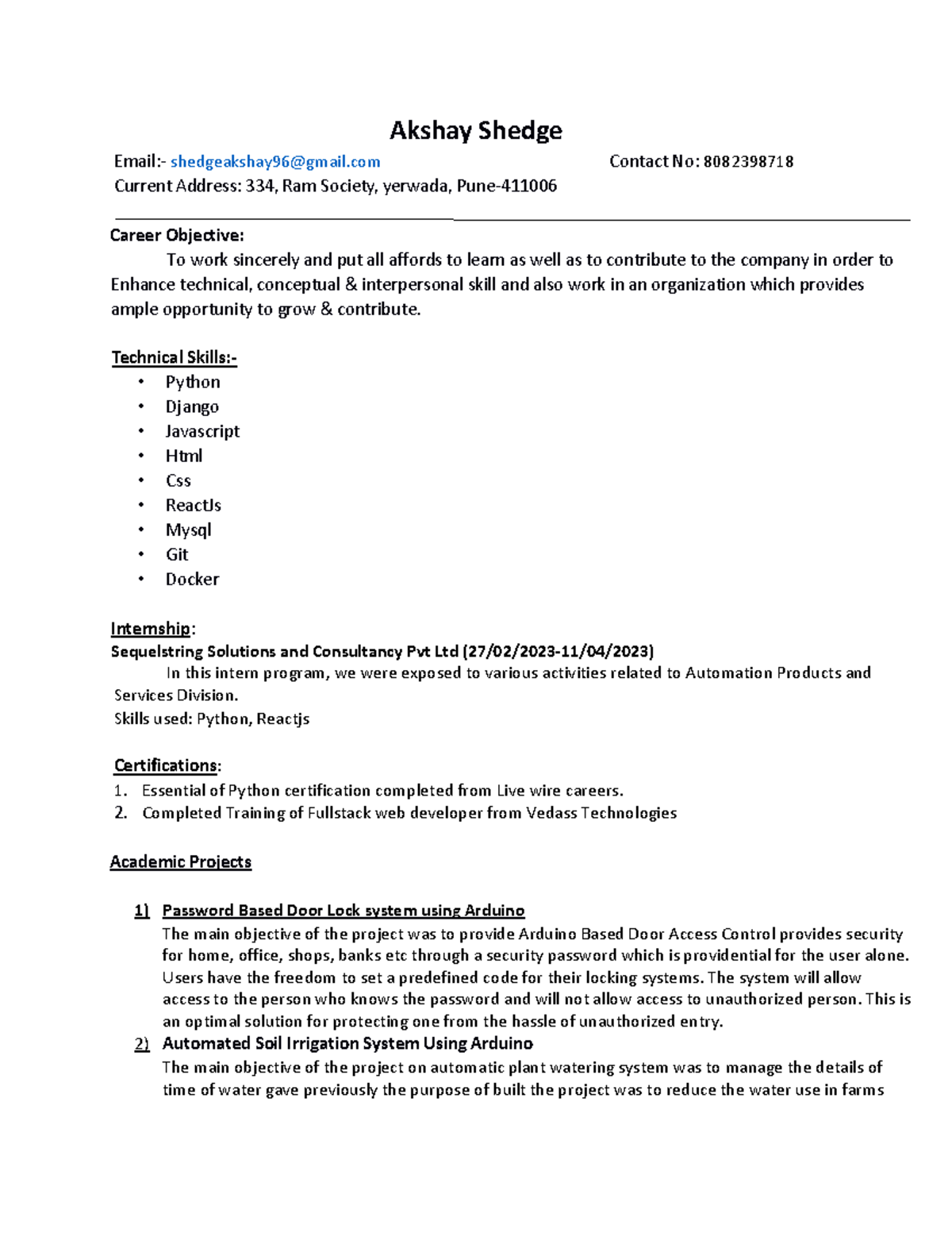 Akshay python pune - resume format - Akshay Shedge Email ...