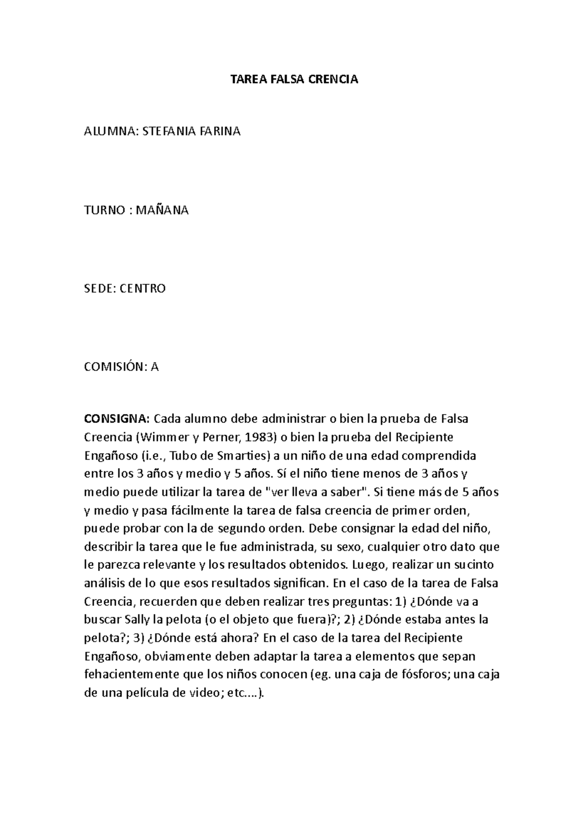 Trabajo Procesos De Falsa Crencia - TAREA FALSA CRENCIA ALUMNA ...