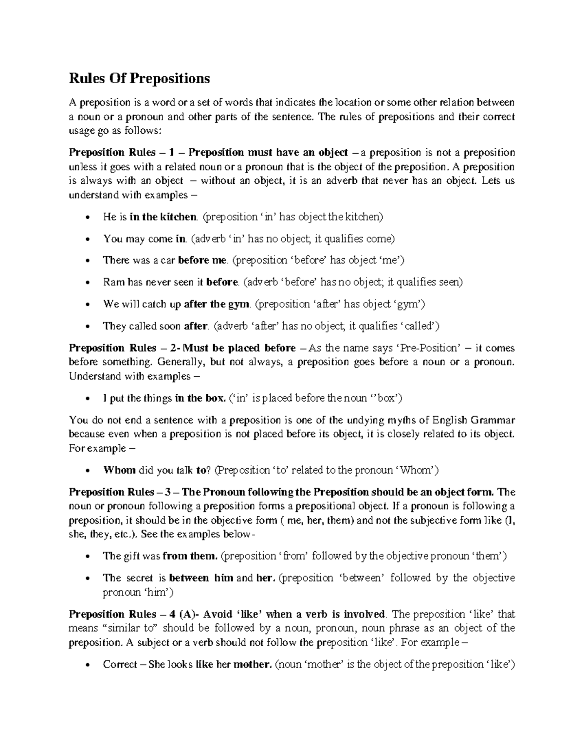 Preposition rules - Rules Of Prepositions A preposition is a word or a ...