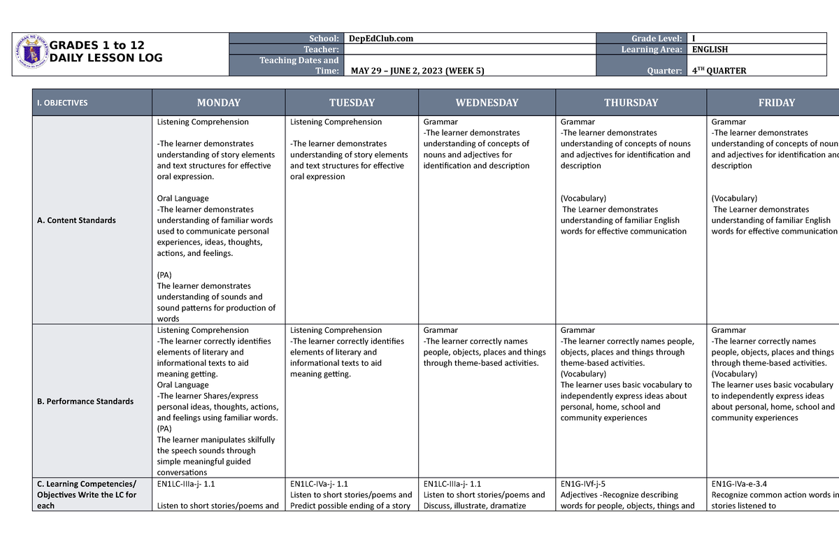 DLL English 1 Q4 W5 - Havce fun. - GRADES 1 to 12 DAILY LESSON LOG ...