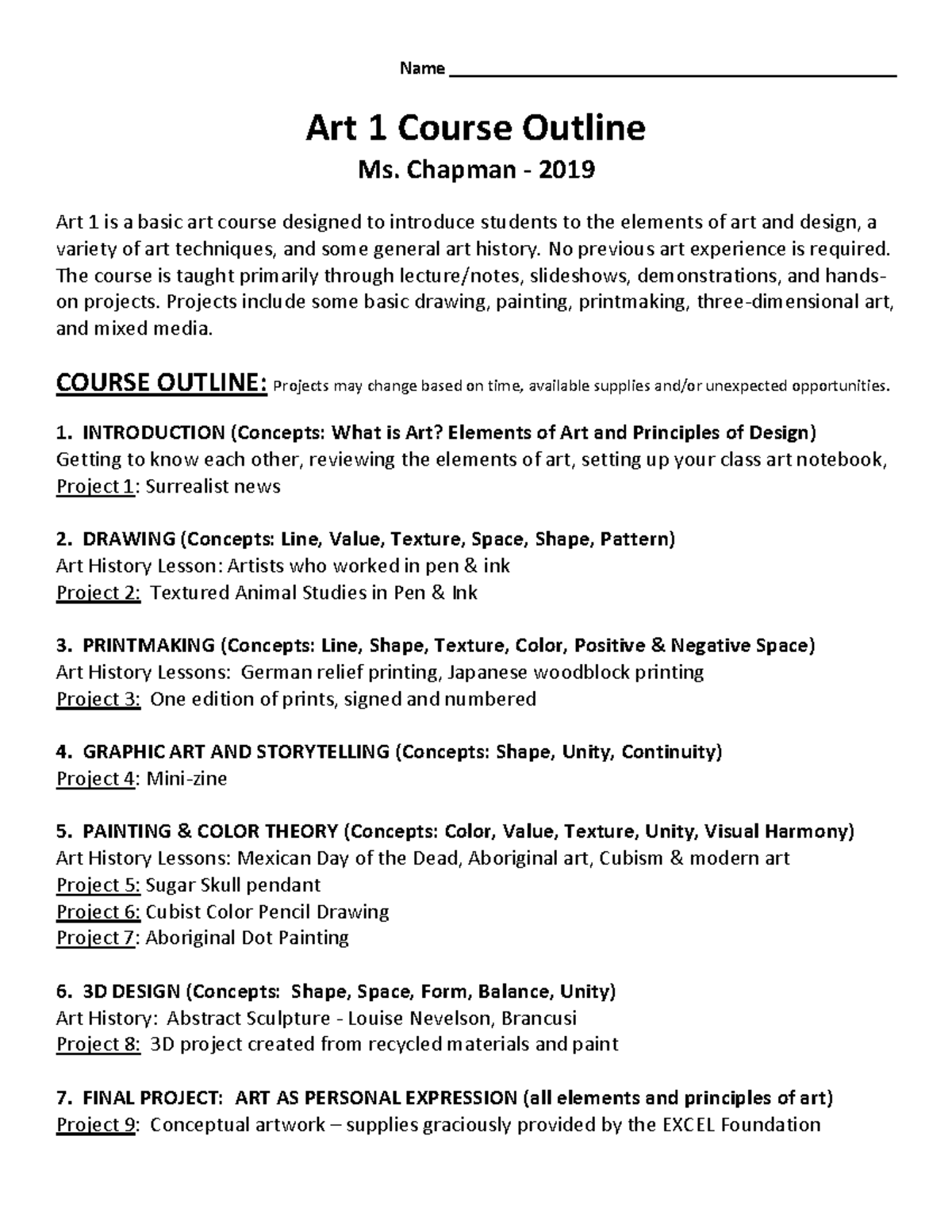 Art 1 Syllabus 2019 Artiology 5 Outline Name