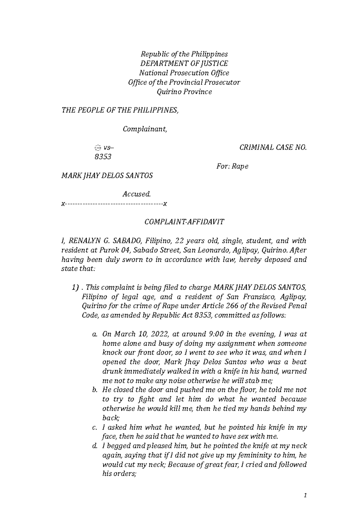 Criminal Complaint Sample Republic Of The Philippines DEPARTMENT OF   Thumb 1200 1835 