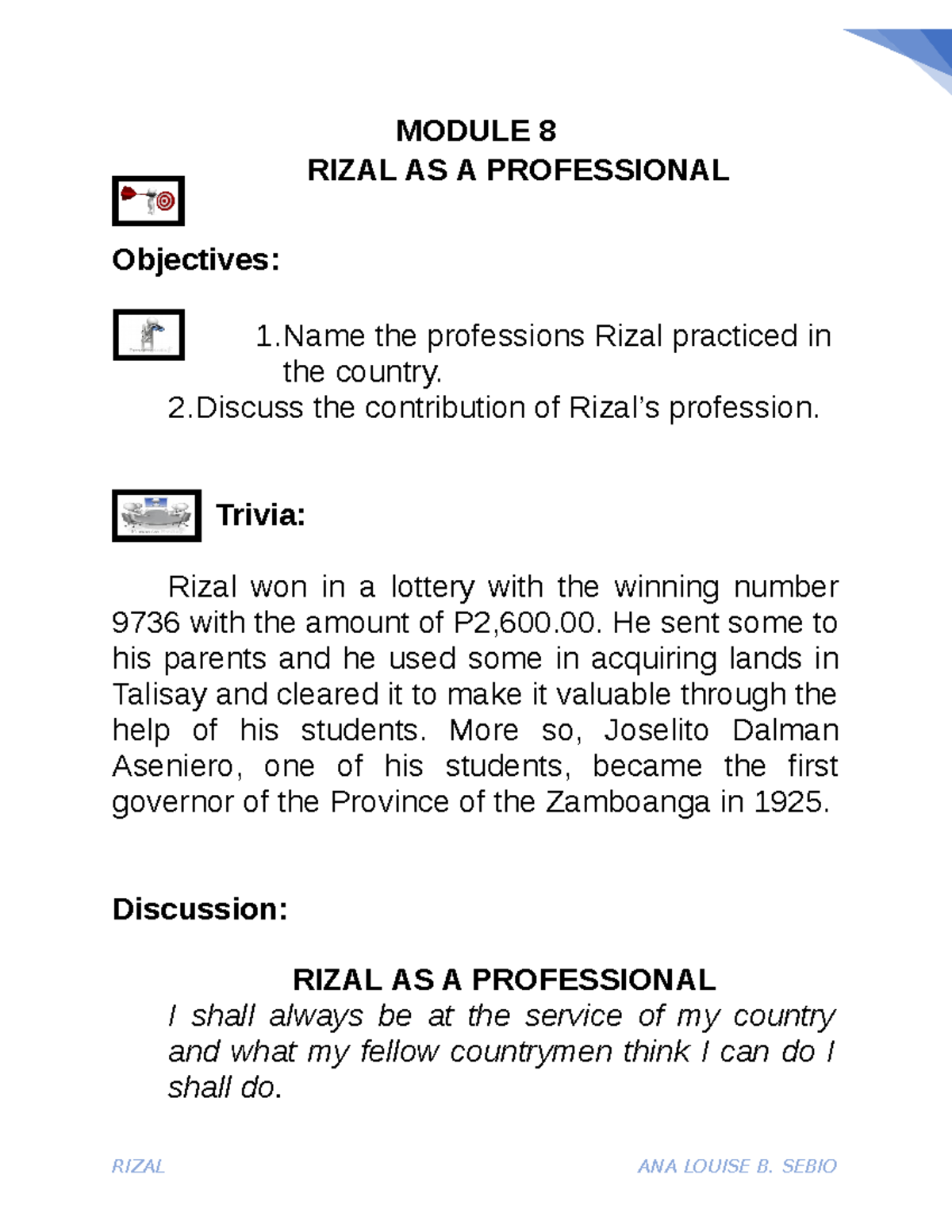 Module 8 Rizal AS A Professional - MODULE 8 RIZAL AS A PROFESSIONAL ...