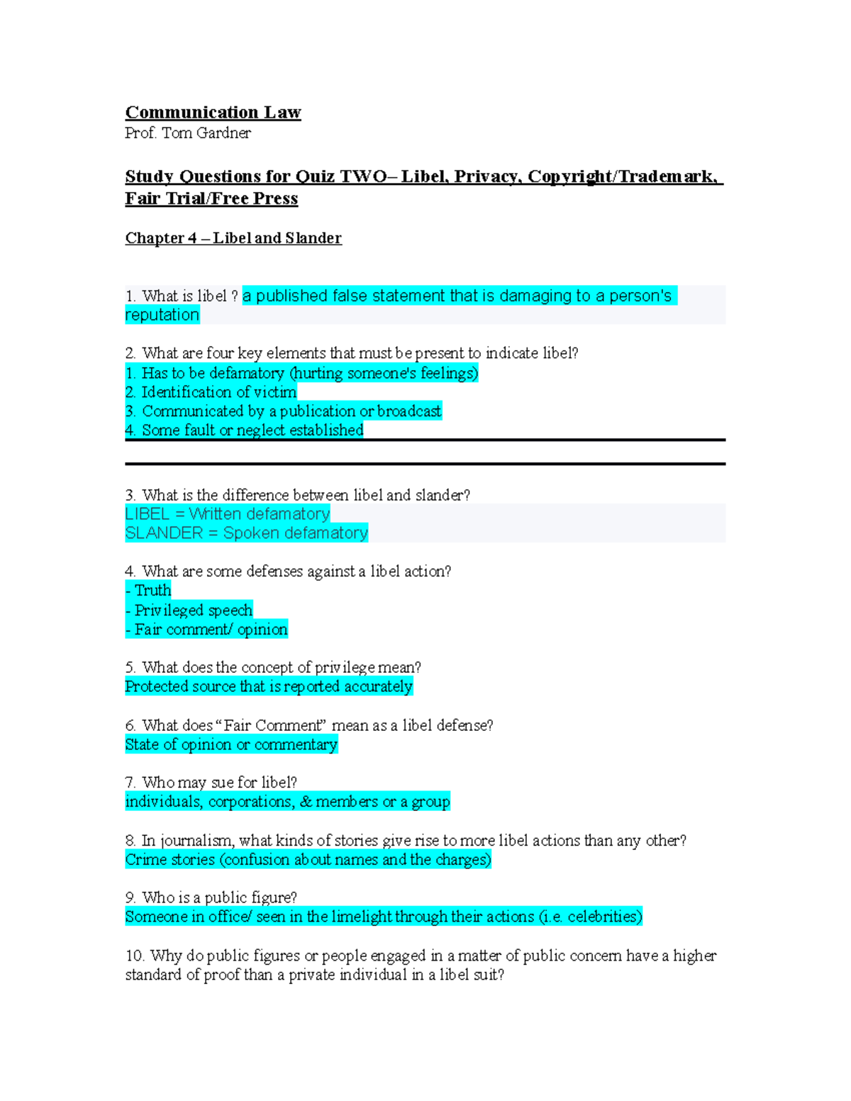 Study Guide 2 - Communication Law Prof. Tom Gardner Study Questions for ...