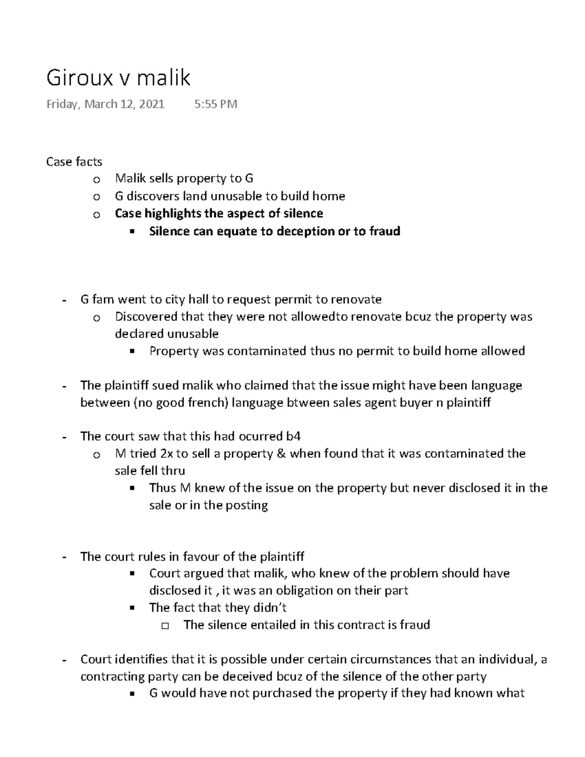 Giroux v malik Case facts ï Malik sells property to G ï G discovers