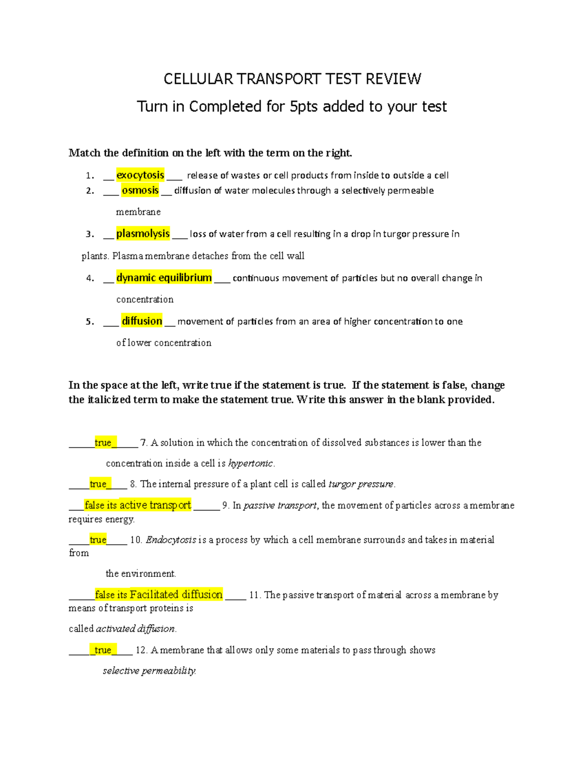 Cell Transport - . - CELLULAR TRANSPORT TEST For 7 3 Cell Transport Worksheet Answers%