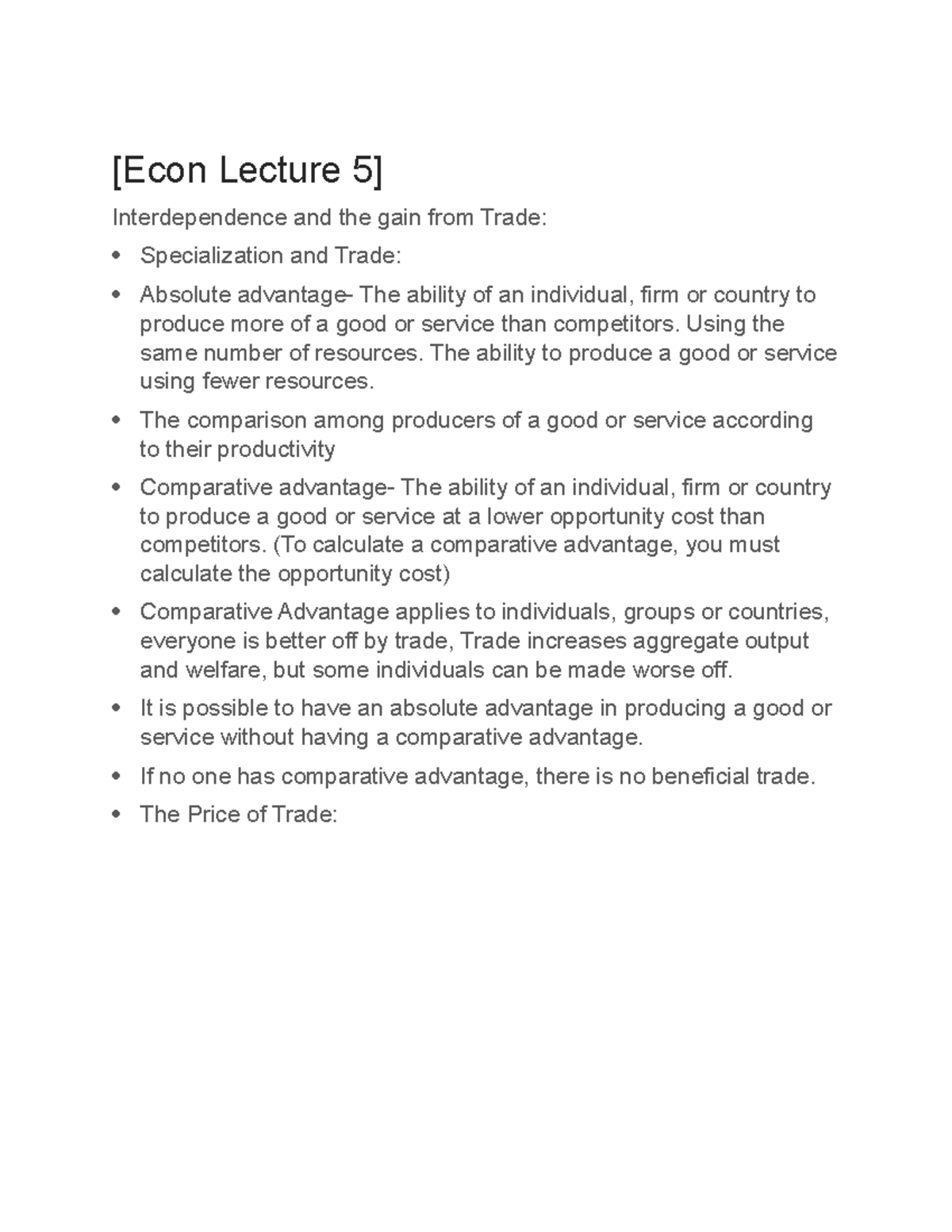 Econ lecture 5 - [Econ Lecture 5] Interdependence and the gain from ...