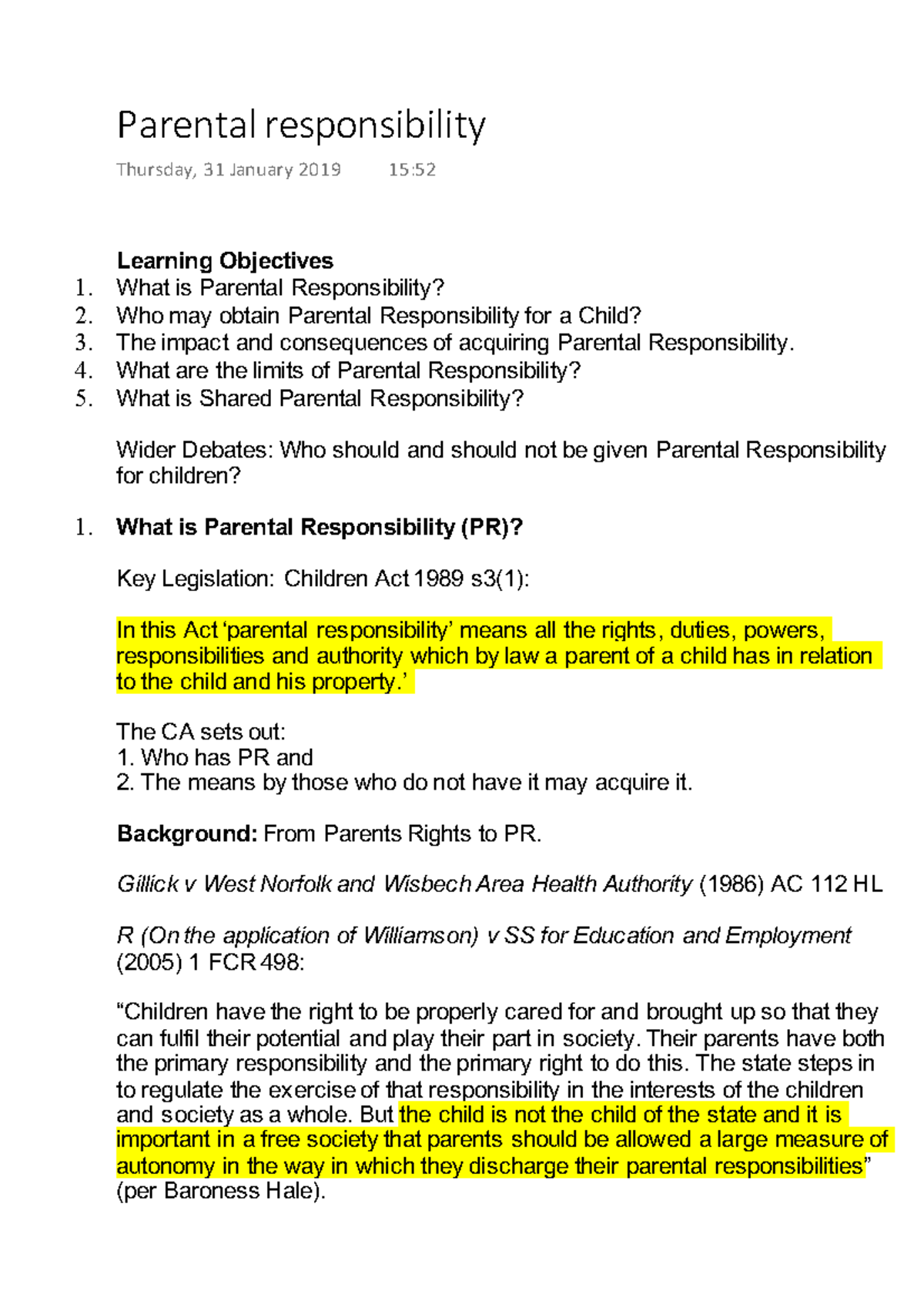 Family law lecture 13 Parental responsibility - Learning Objectives 1 ...