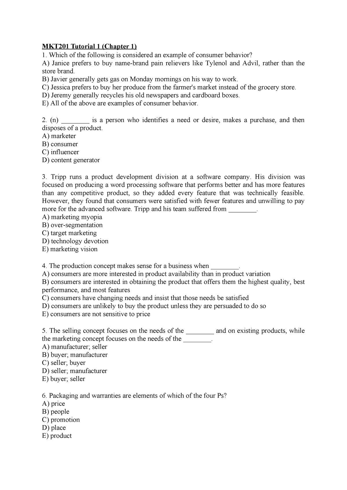 MKT201 Tutorial 1 Questions - MKT201 Tutorial 1 (Chapter 1) Which Of ...