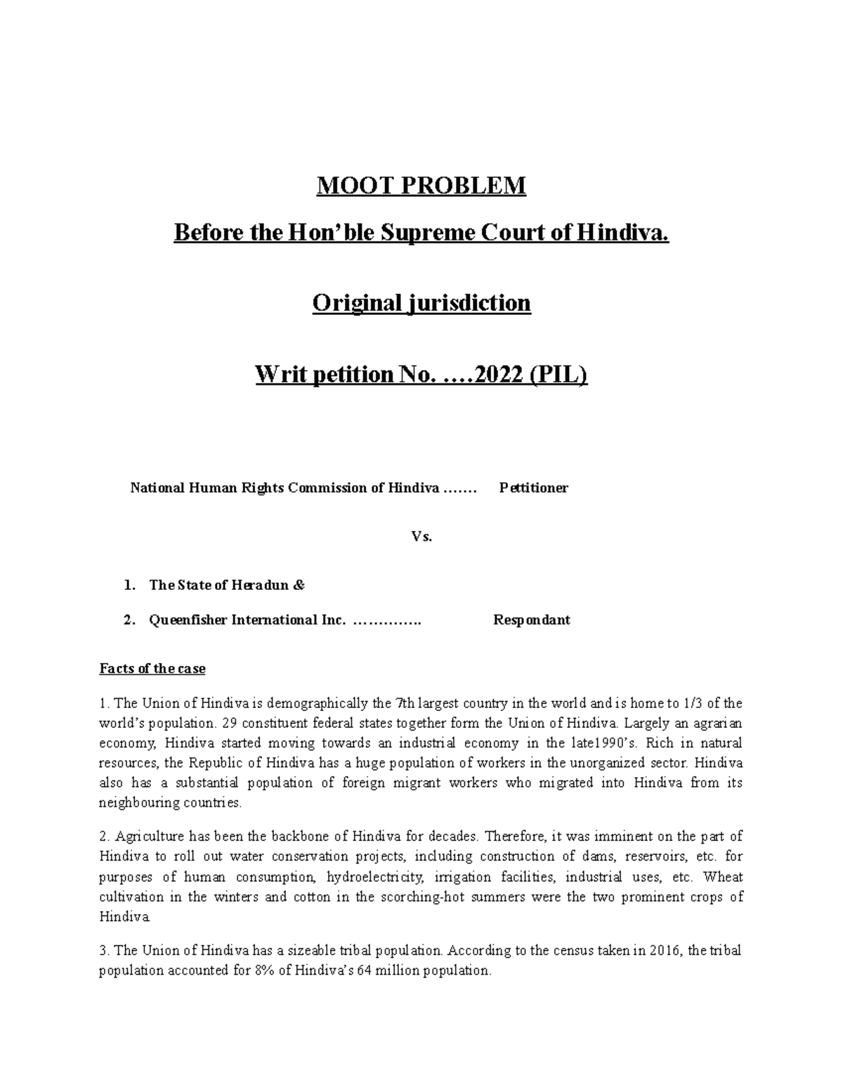 Moot Problem - Hahaha hahha - MOOT PROBLEM Before the Hon’ble Supreme ...