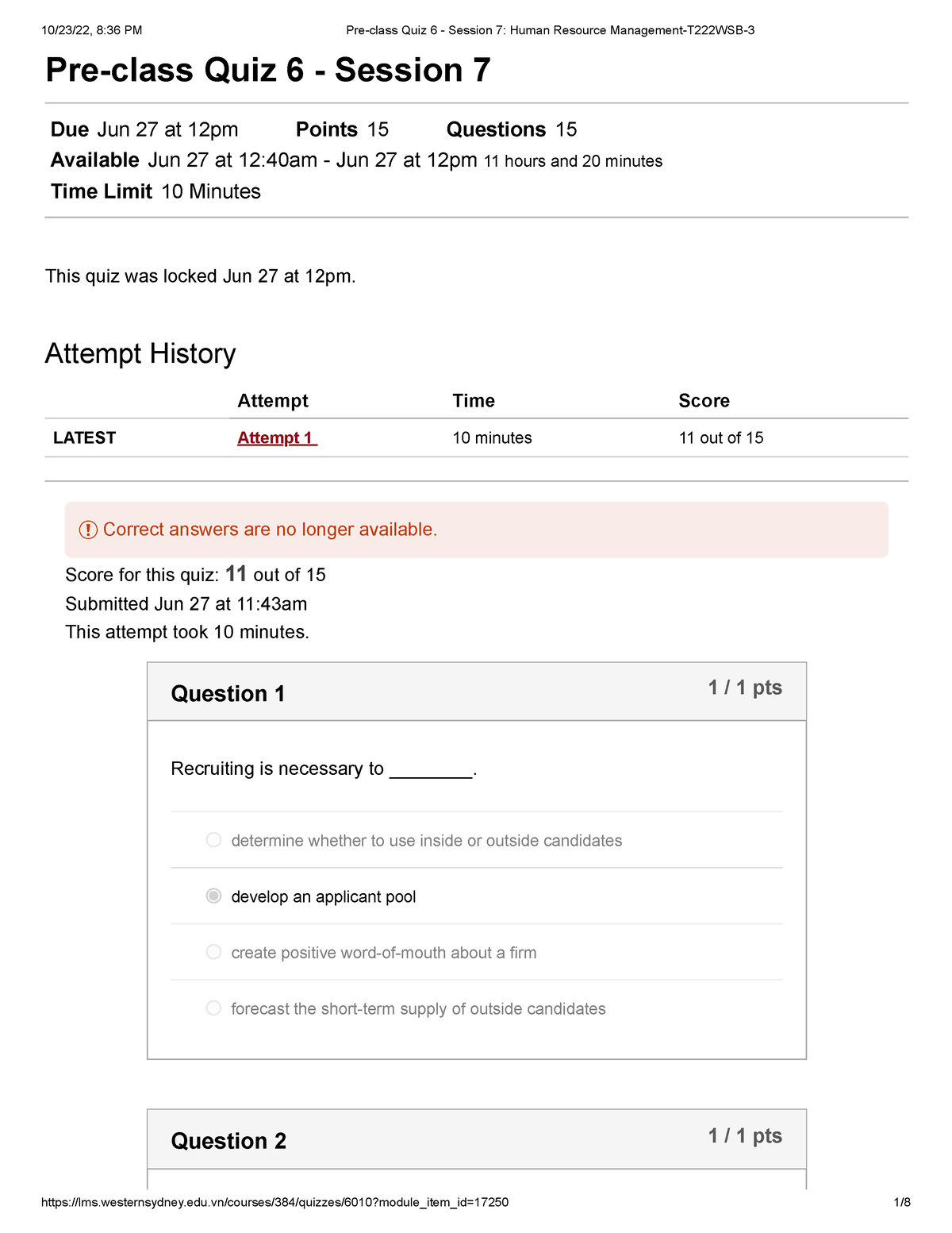 Pre Class Quiz 6 Session 7 Human Resource Management T222wsb 3 Pre