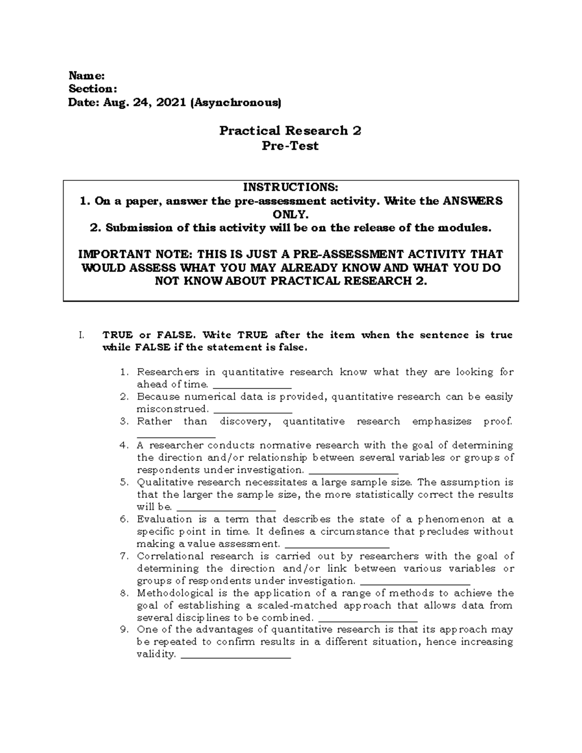 Pre Assessment G12 Research - Name: Section: Date: Aug. 24, 2021 ...