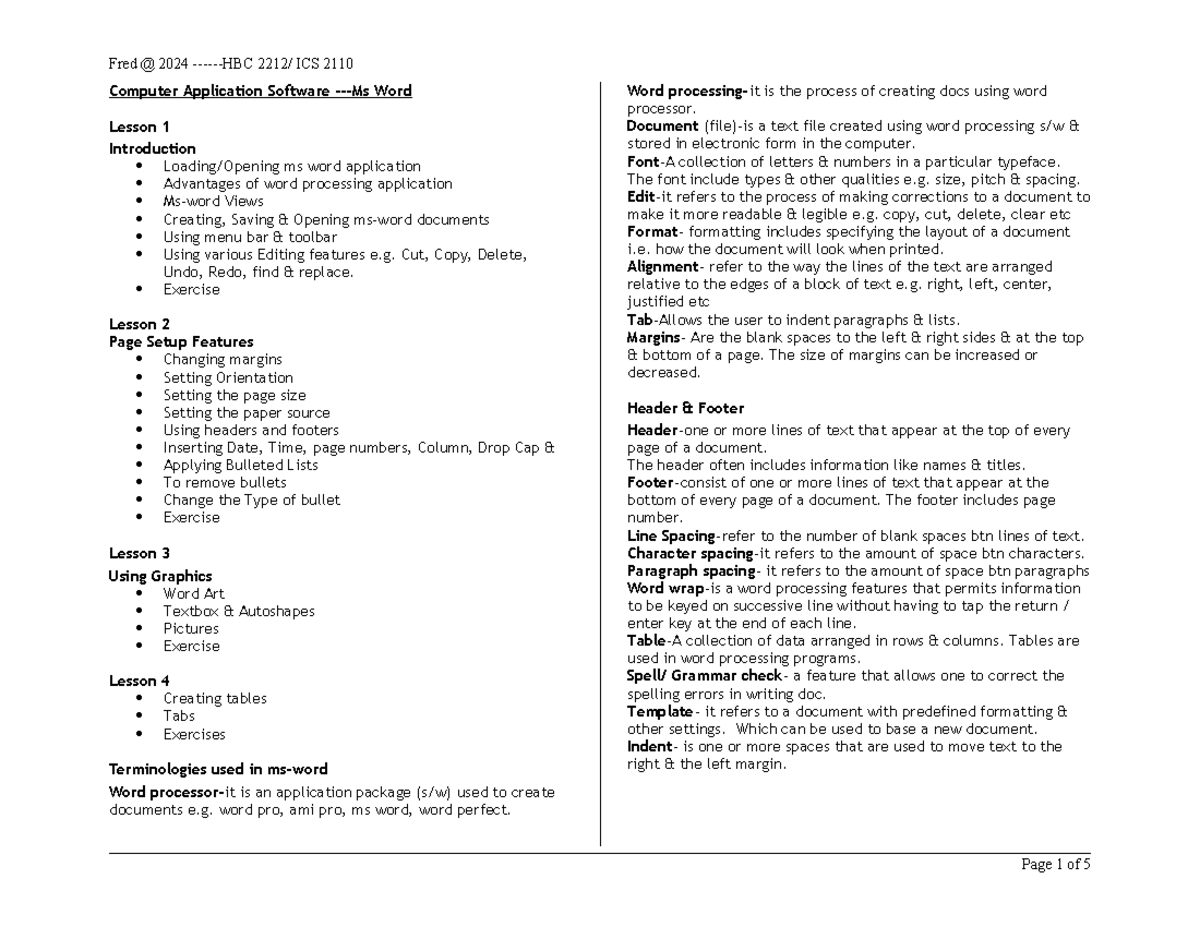 1 HBC 2212 ICS 2174 Word Processing - Computer Application Software -Ms ...