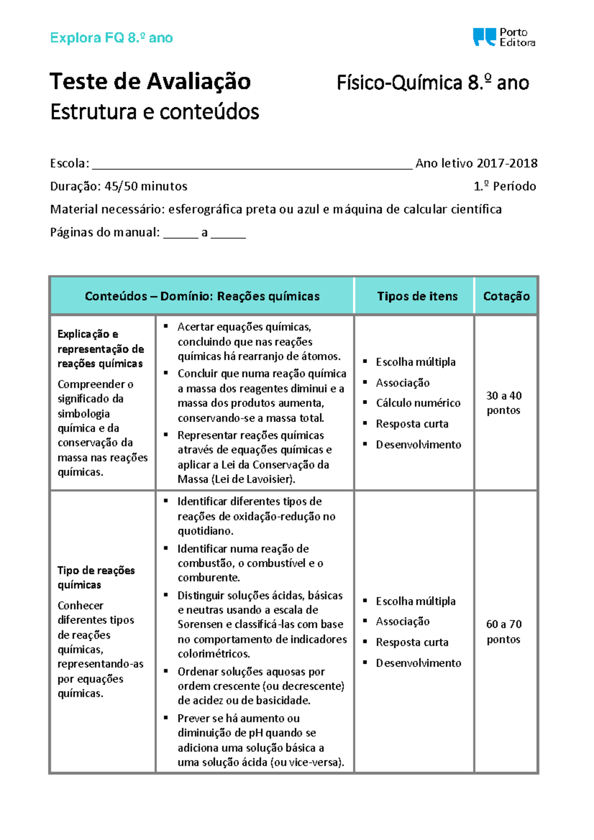 01 explora estrutura conteudos teste avaliacao fq8 1 - Explora FQ 8 .º ...