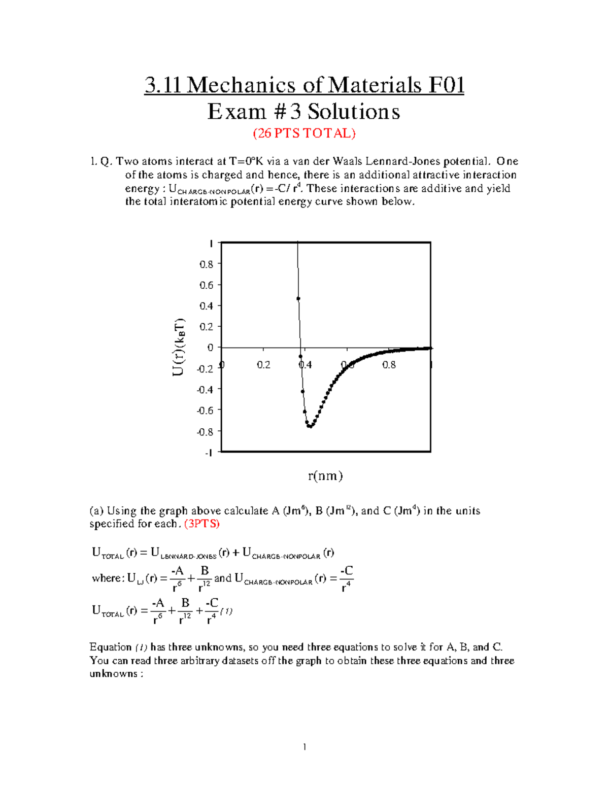 3 - Exam 3 Solutions - 3 Mechanics of Materials F01 Exam #3 Solutions ...