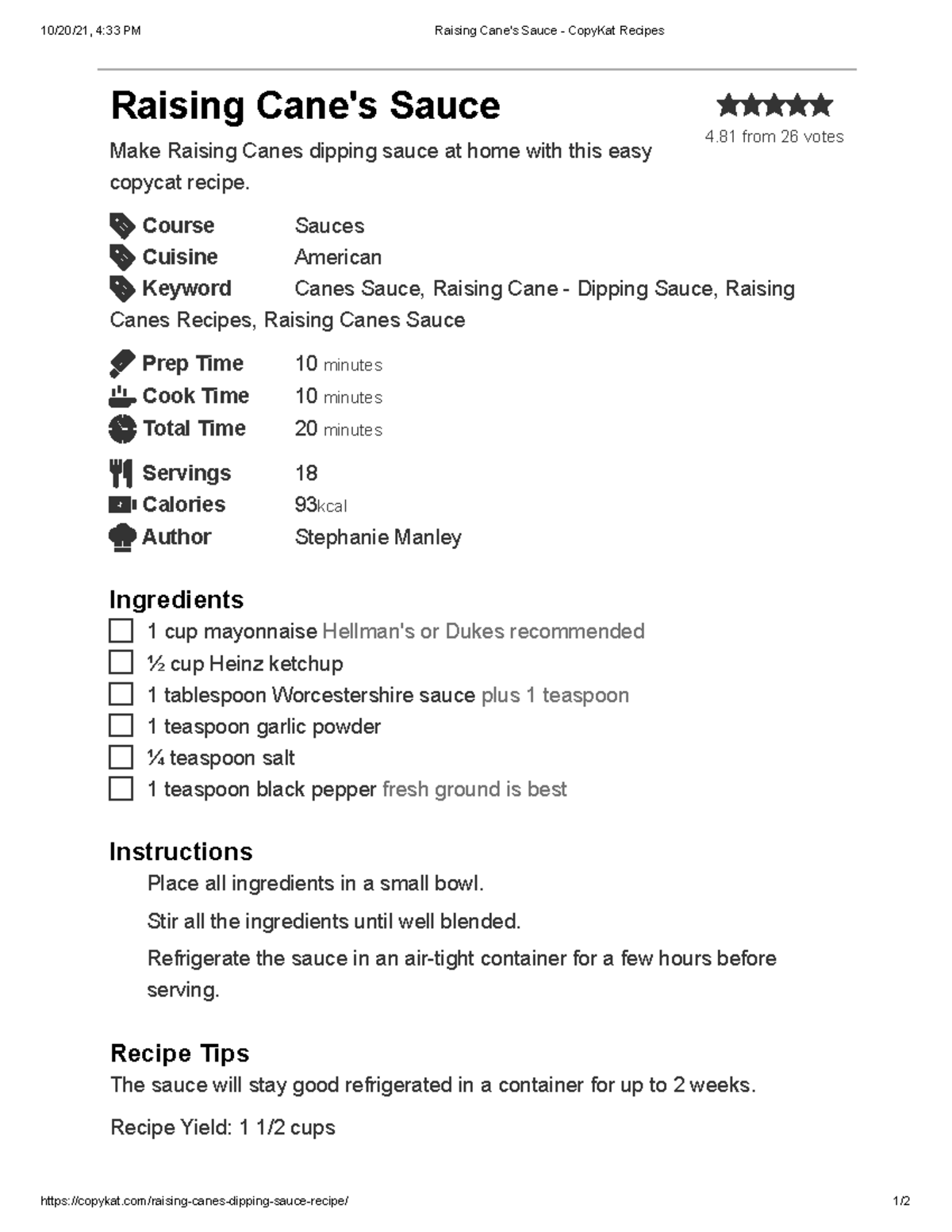 Raising Cane's Sauce Copy Kat Recipes GINS 530 University of