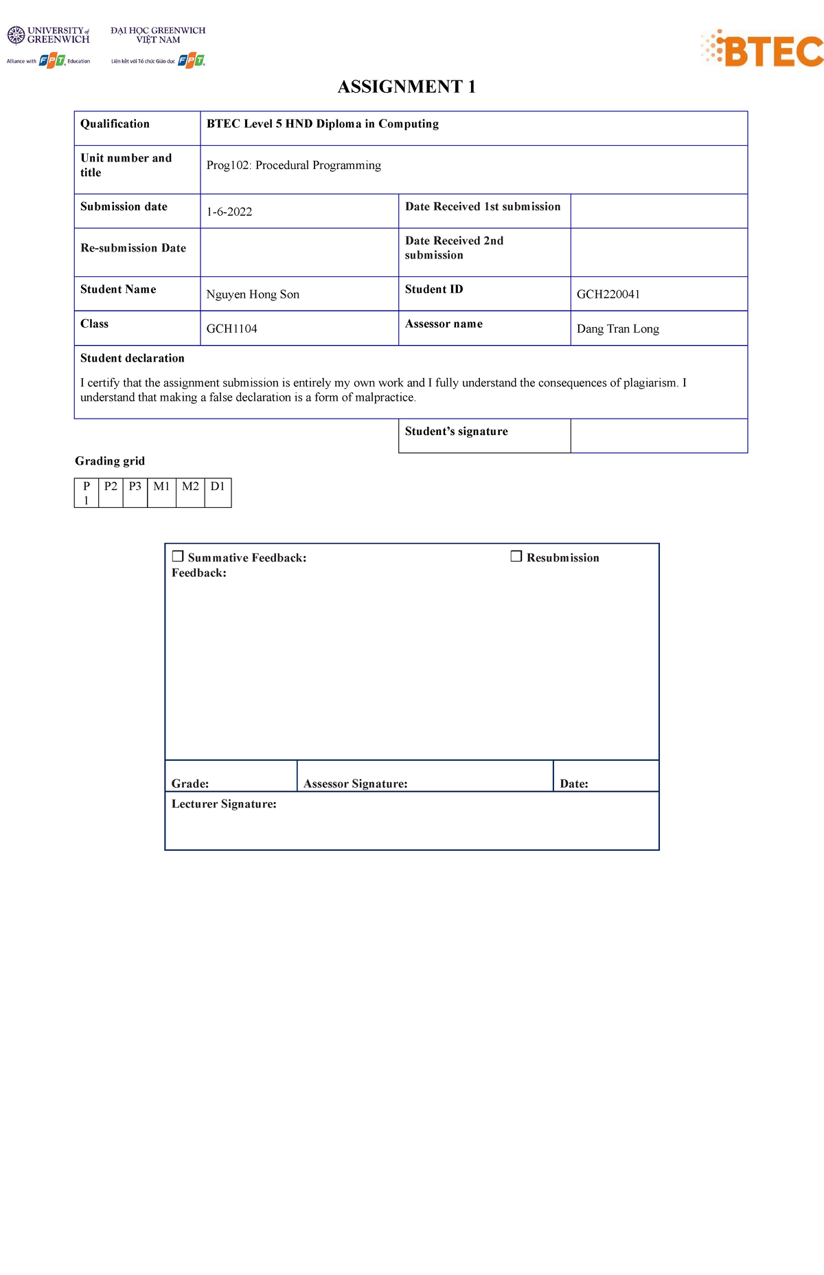 ASM1 Procedural Programming GCH22004 1 - ASSIGNMENT 1 Qualification ...
