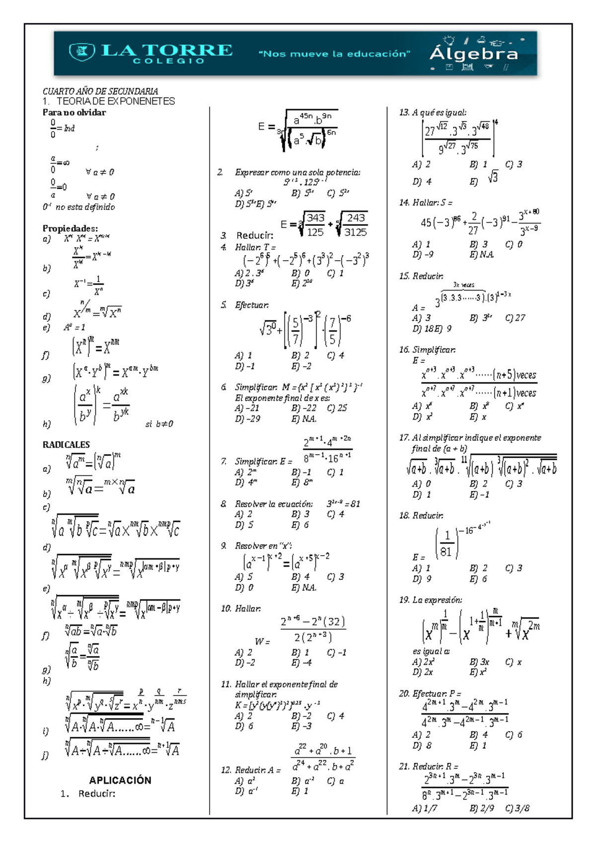 Teoria De Exponentes 4TO - CUARTO AÑO DE SECUNDARIA TEORIA DE ...
