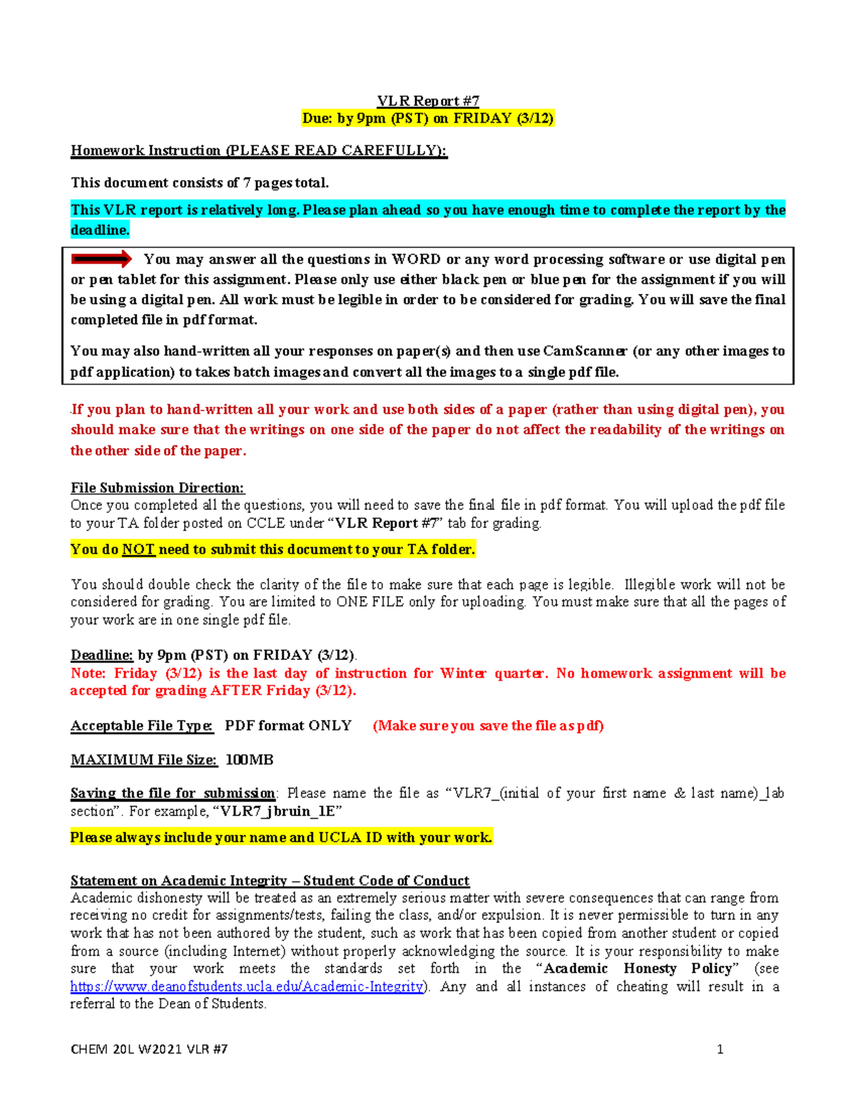 Chemistry 20 Lab Professor Pang VLR 7 Report 2 VLR Report Due