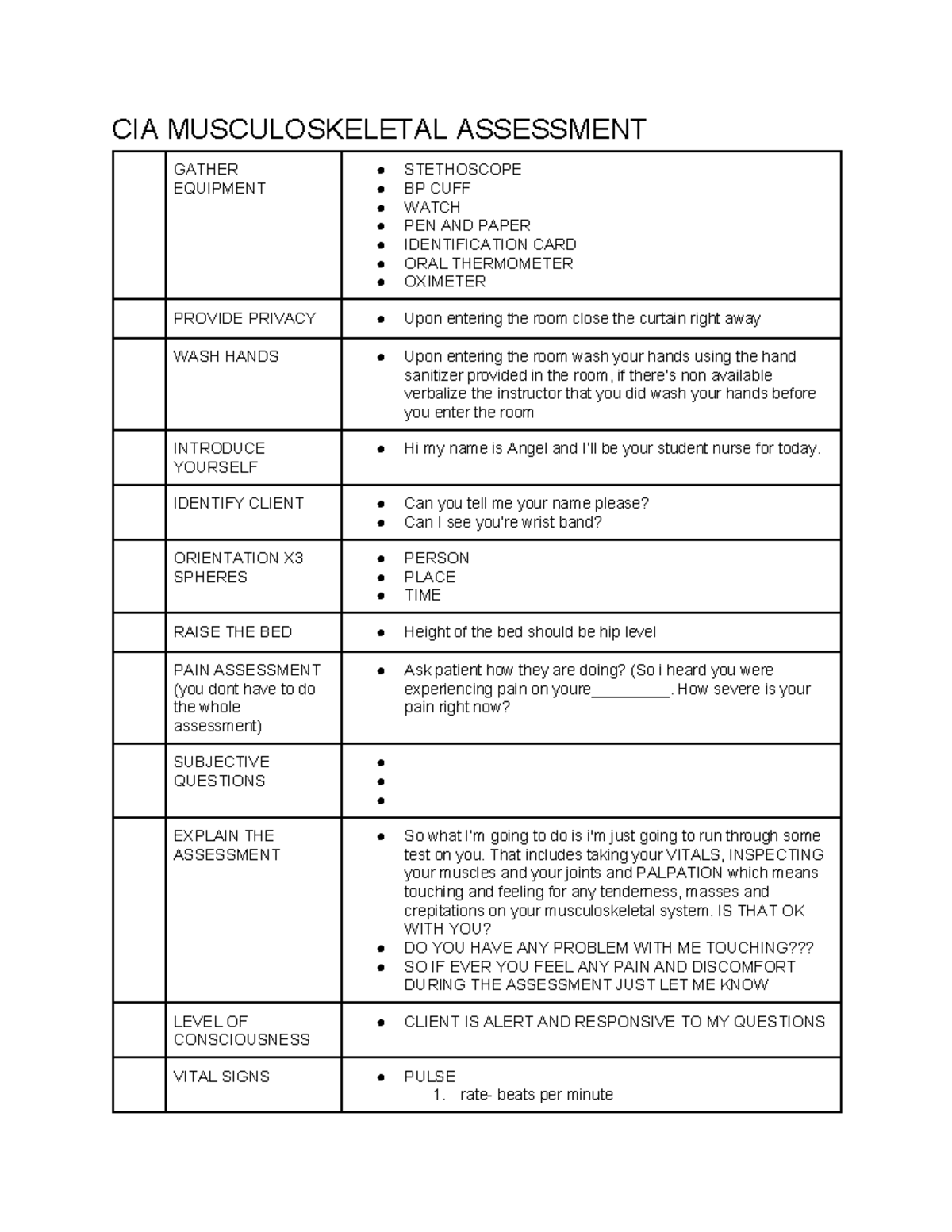 CIA Musculoskeletal Assessment - CIA MUSCULOSKELETAL ASSESSMENT GATHER ...