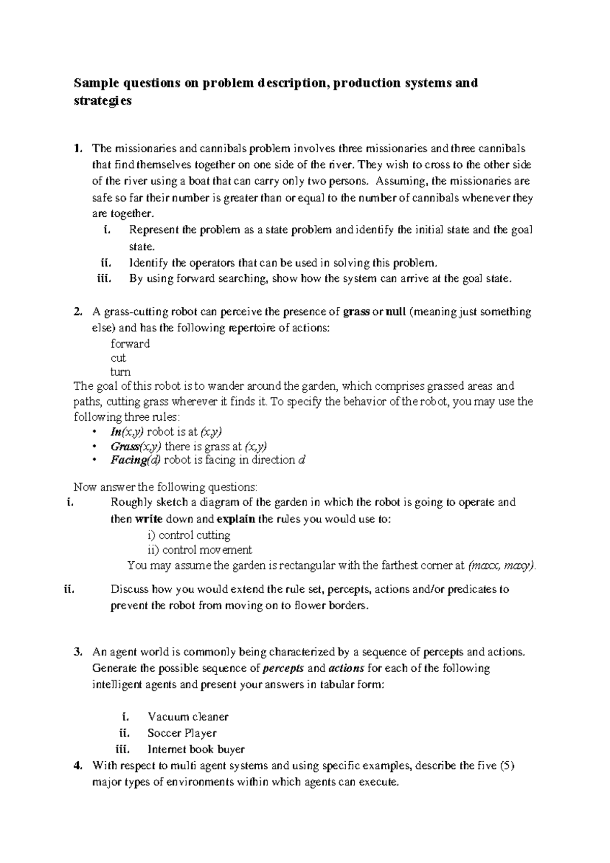 Sample Question on problem description and production rules and ...
