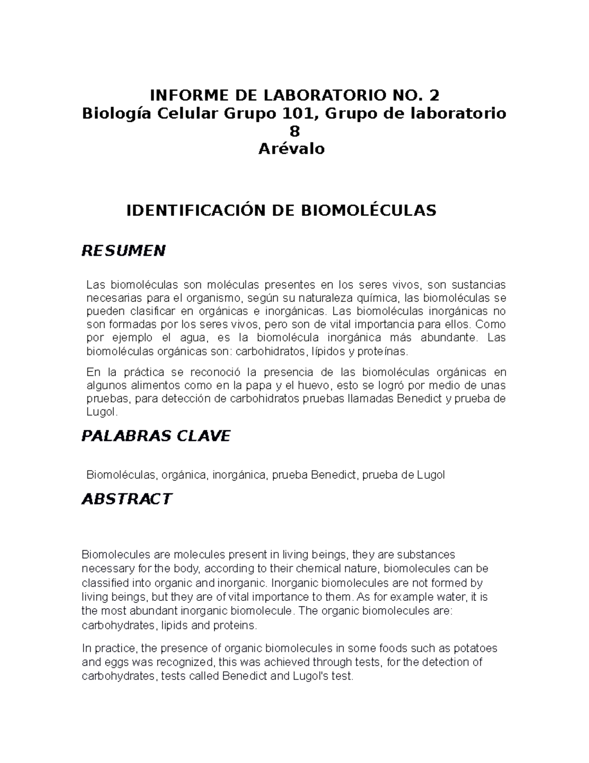 Informe No 2 De Biologia Informe De Laboratorio No 2 Biología