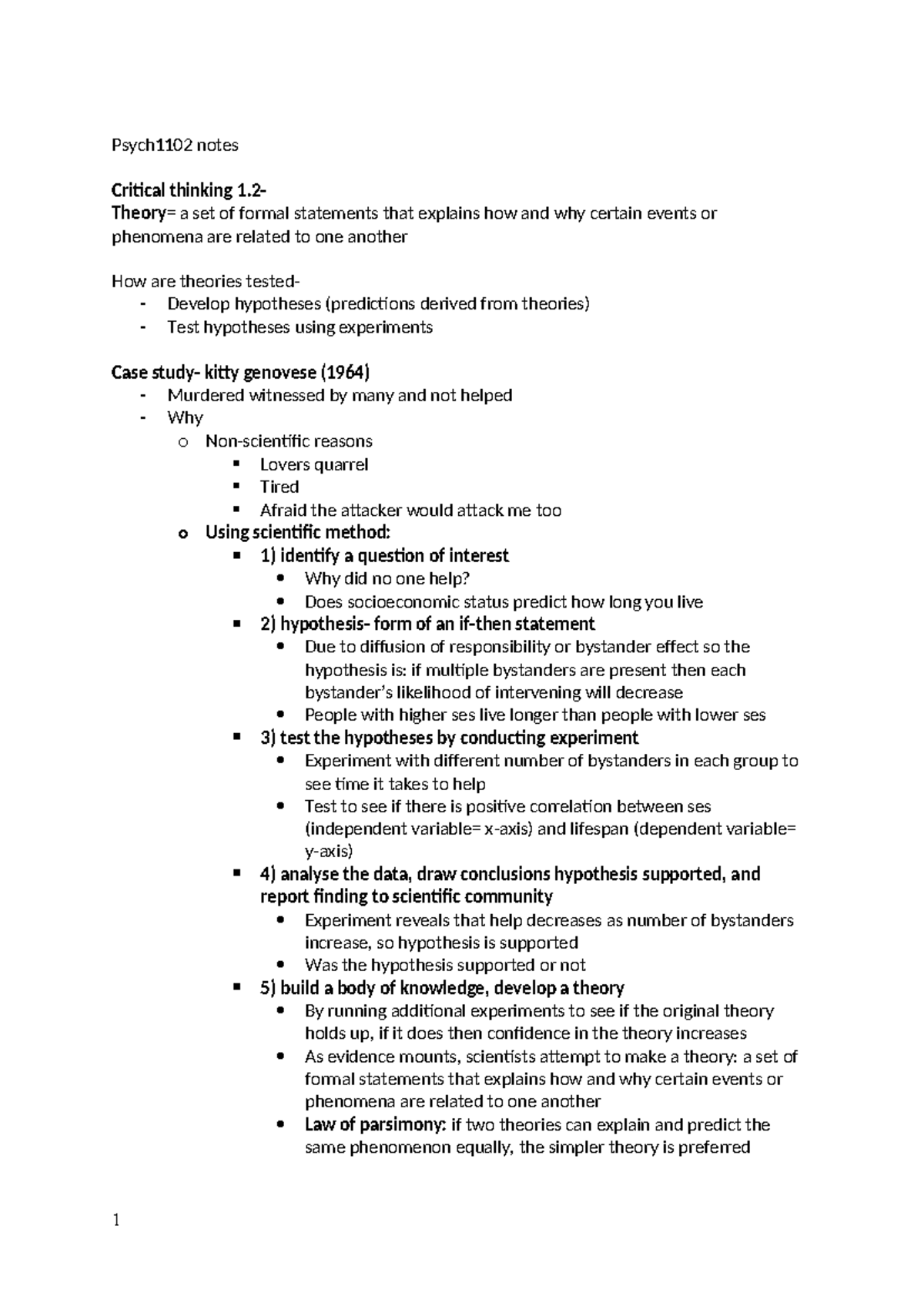 Psych 1102 notes - Psych1102 notes Critical thinking 1- Theory= a set ...
