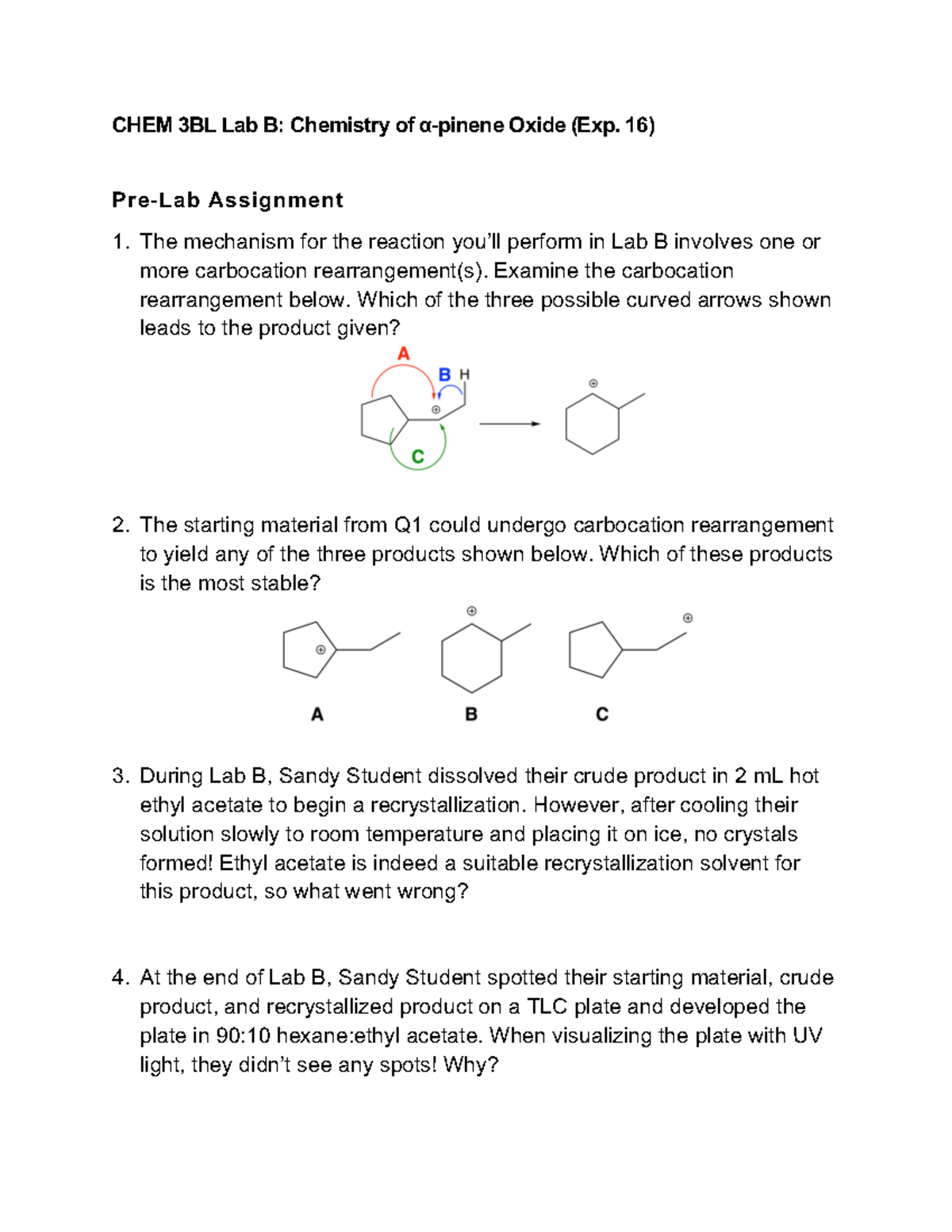 Lab B Pre Lab 3BL Sp20 CHEM 3BL Lab B Chemistry of αpinene Oxide