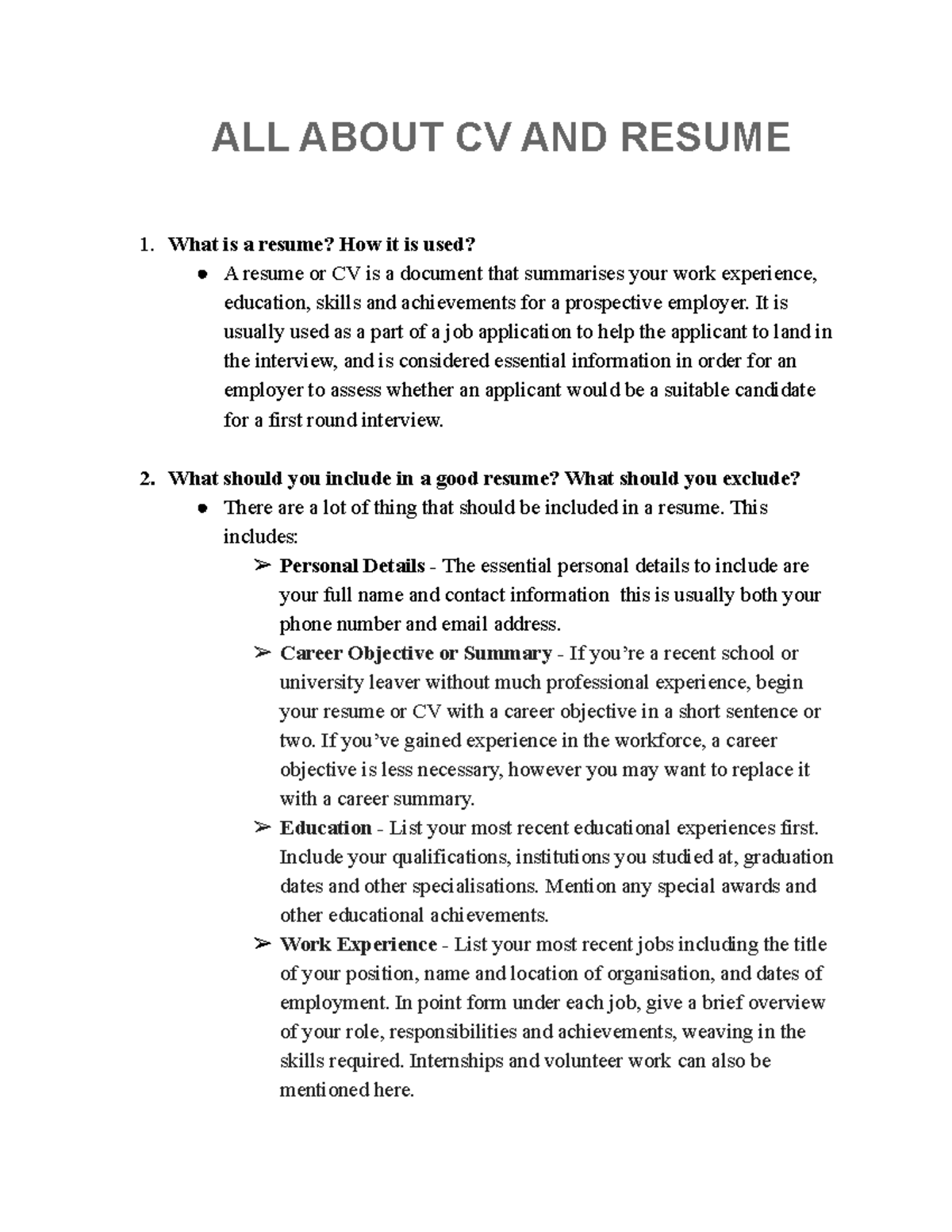 What is Resume - ALL ABOUT CV AND RESUME What is a resume? How it is ...