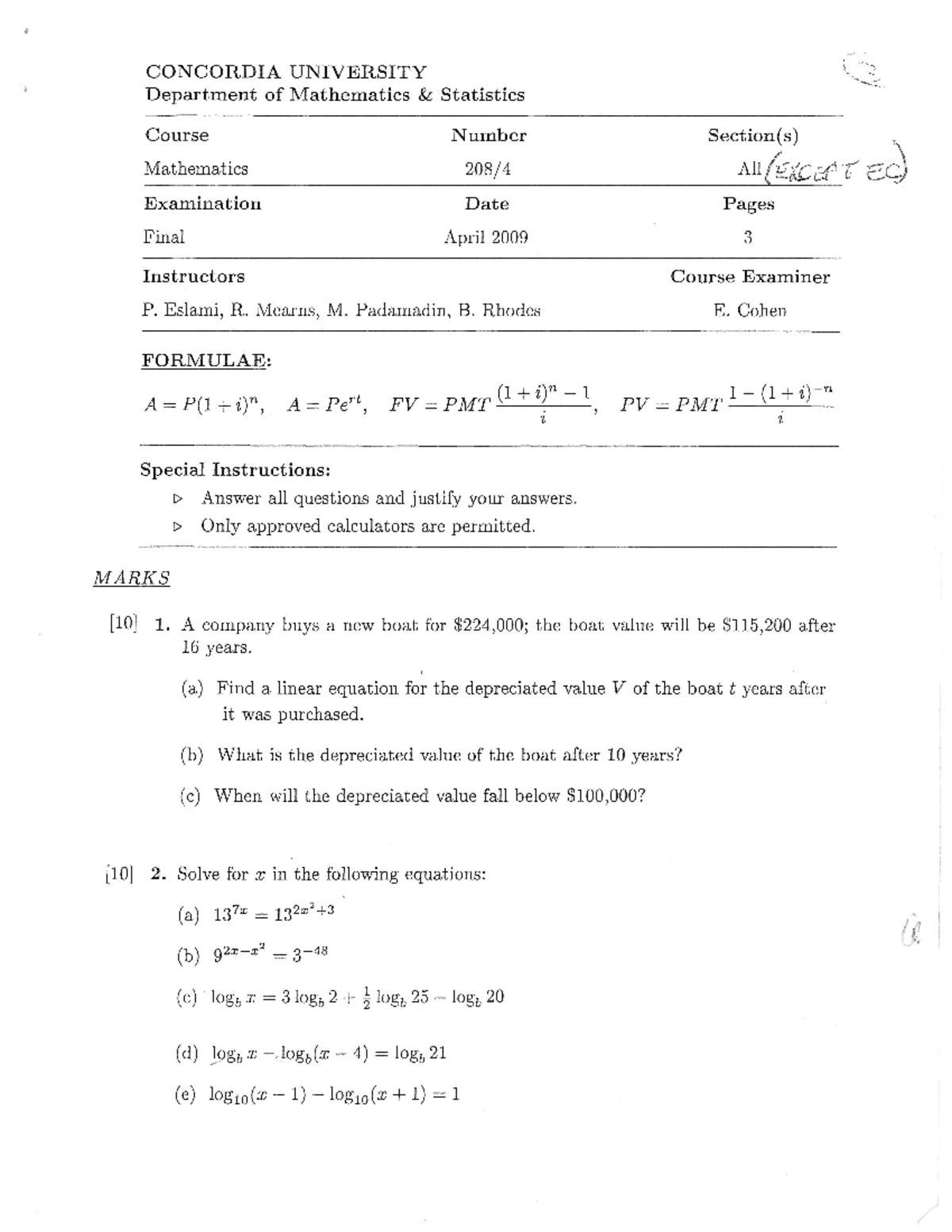 EXAM April 2009, questions - CONCORDIA UNIVERSITY Department of ...