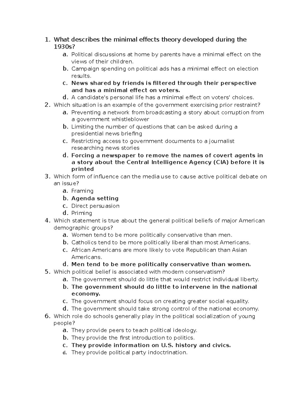 C963 Unit 6 Test Public Opinion And Media 1 What Describes The Minimal Effects Theory