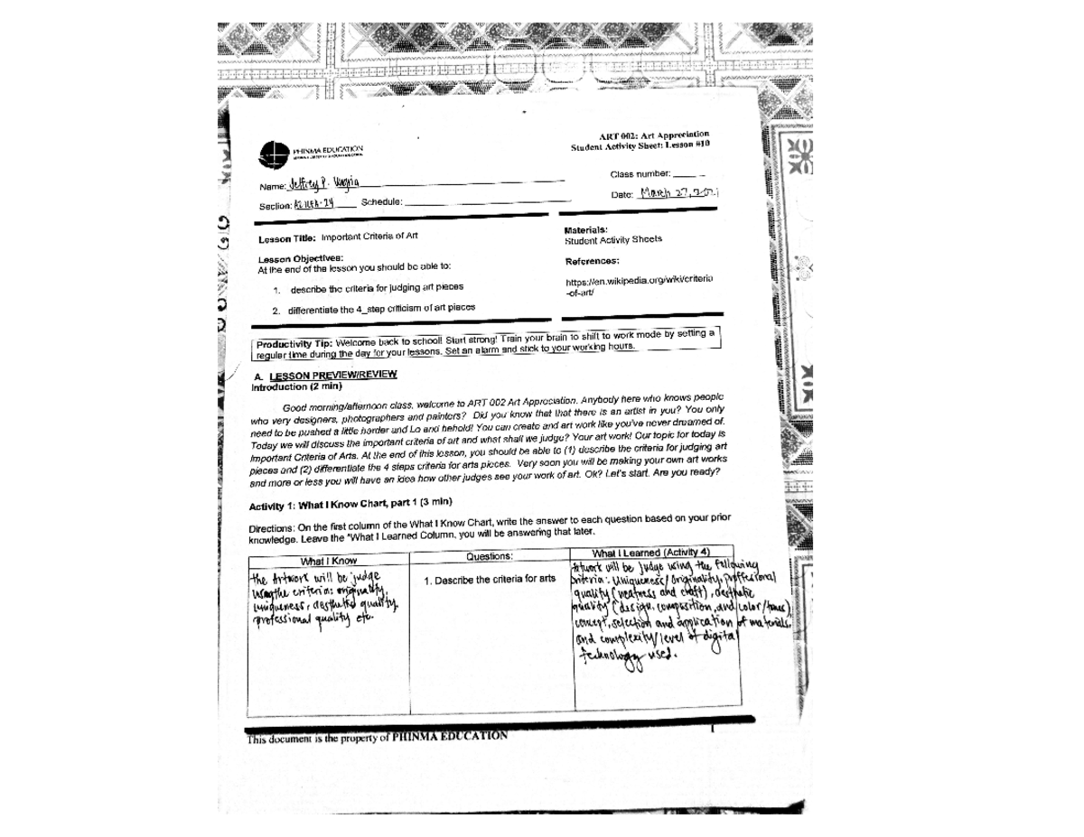 Art criteria with answers and notes also Civil Engineering Studocu