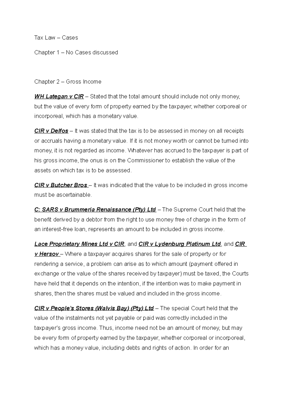 Case summaries Summary Tax Law Cases Chapter 1 No Cases