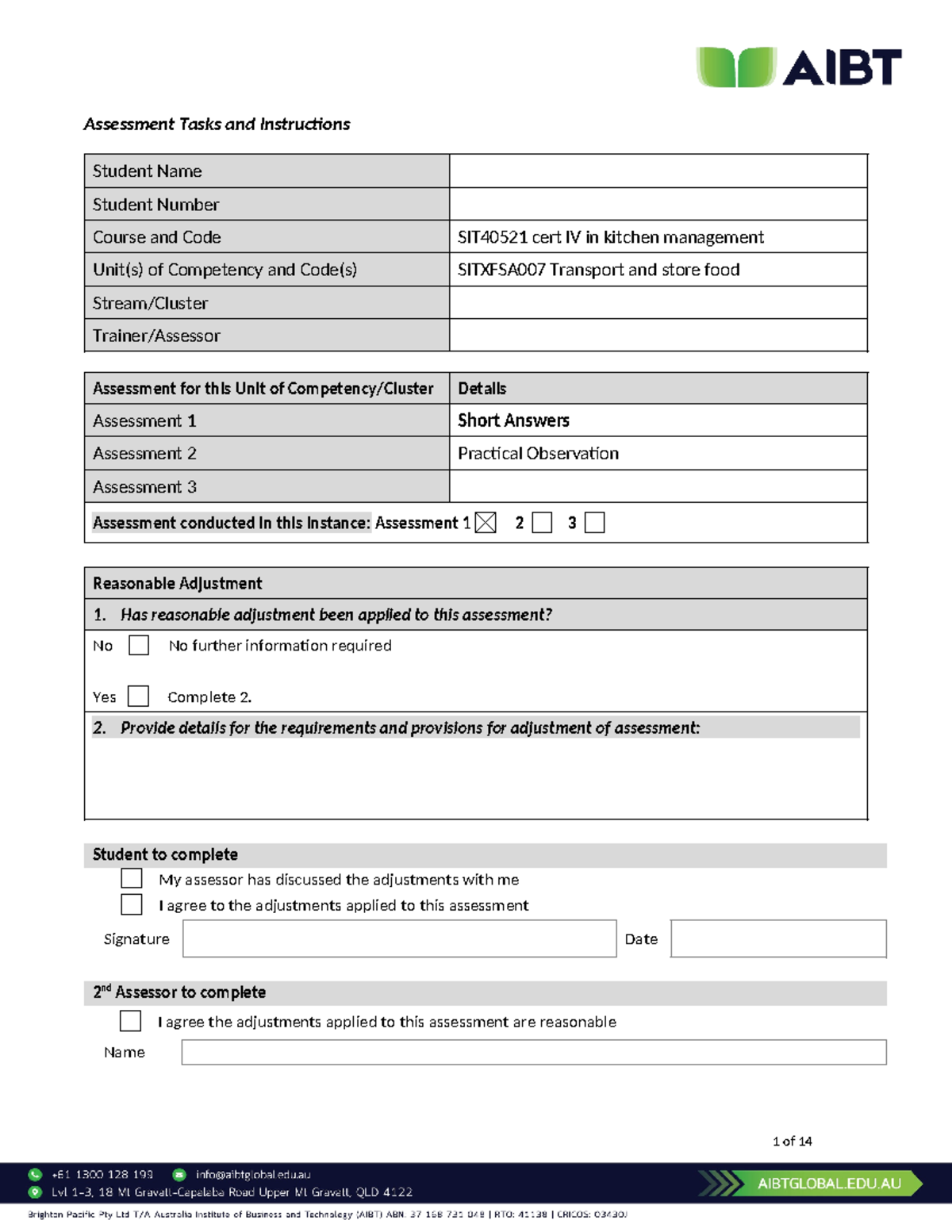 AIBT Sitxfsa 007 Assessment 1 -Short Answers - Assessment Tasks and ...