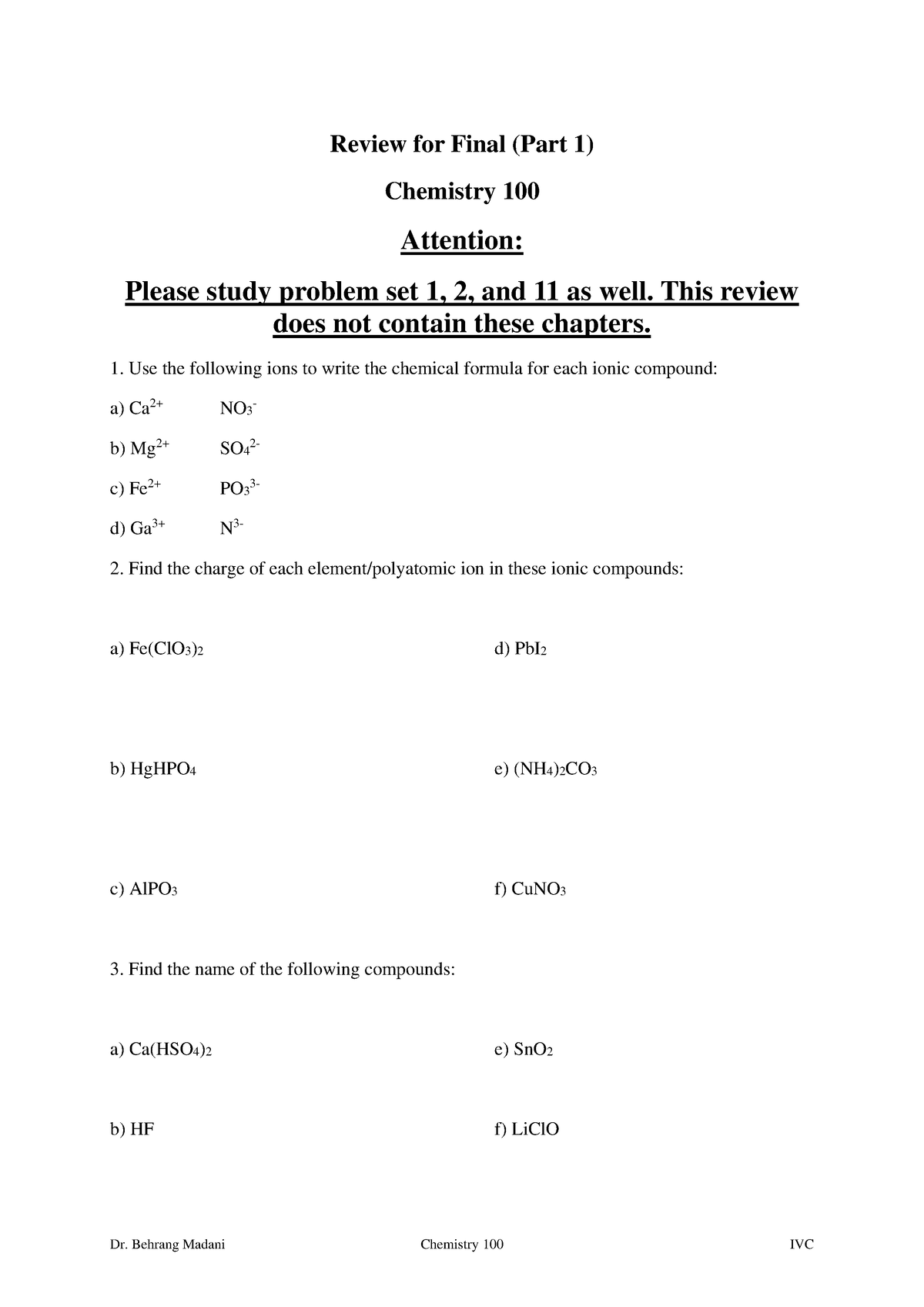 Review For Final Chem 100 Part 1 - Review For Final (Part 1) Chemistry ...